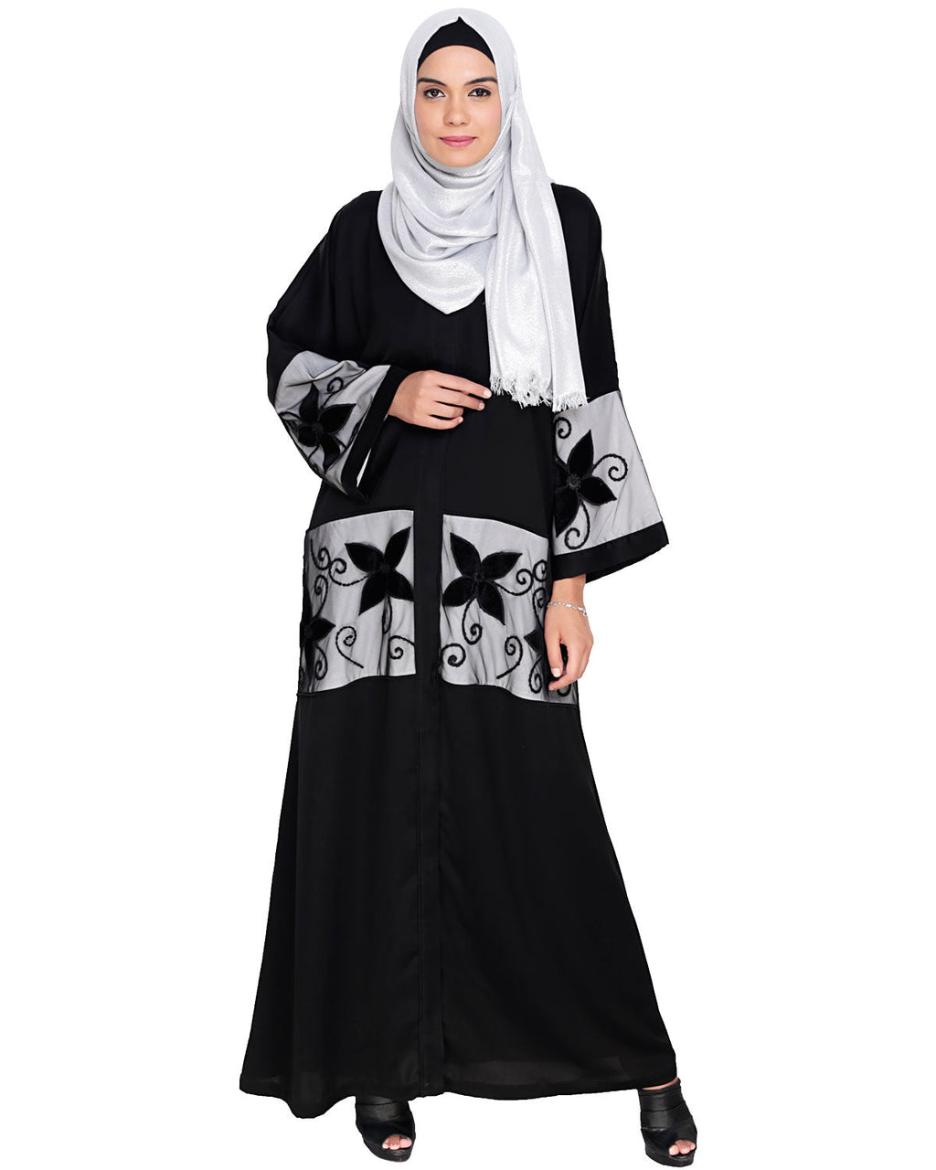 Floral Lace Embroidered Dubai Style Abaya Black