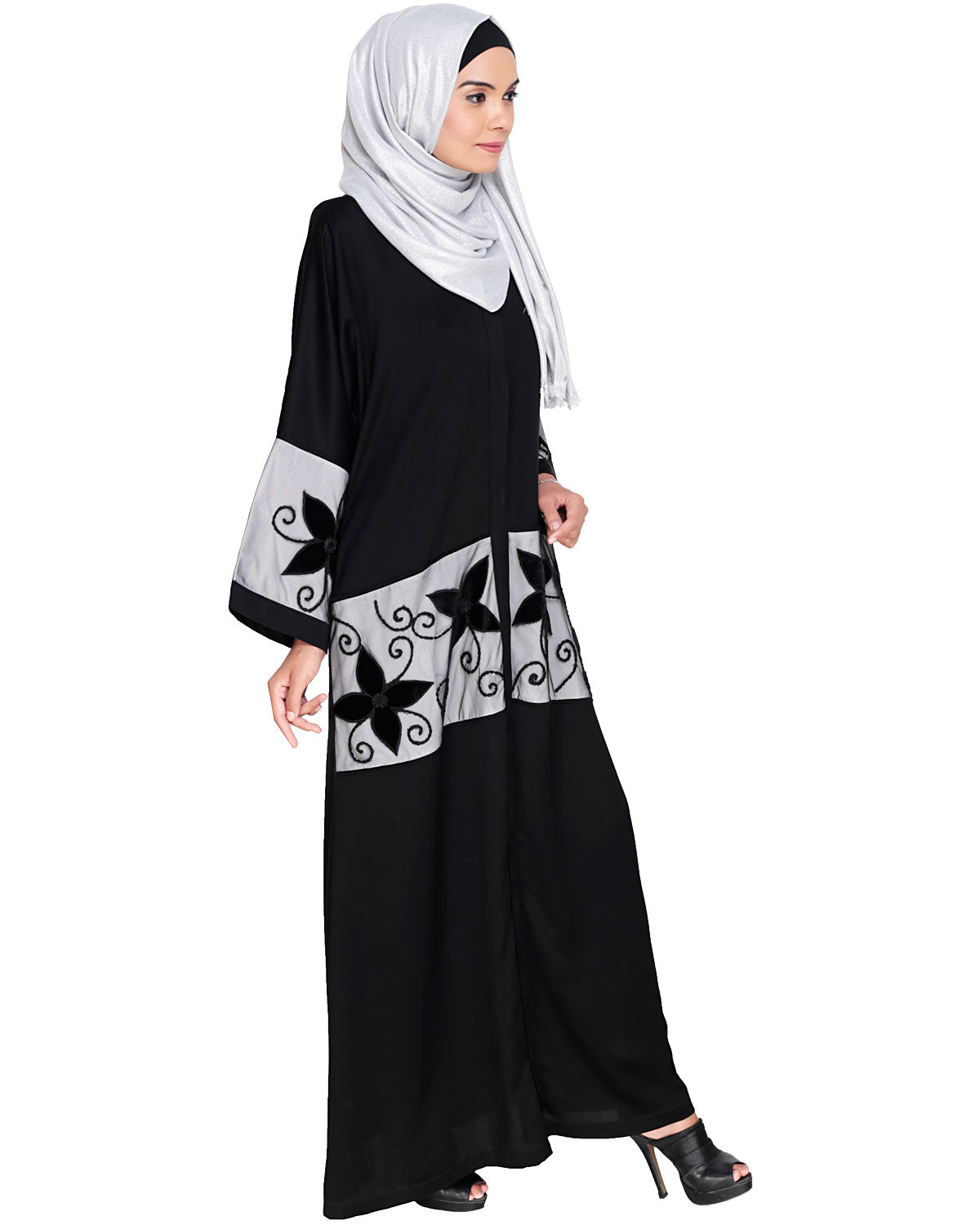 Floral Lace Embroidered Dubai Style Abaya Black