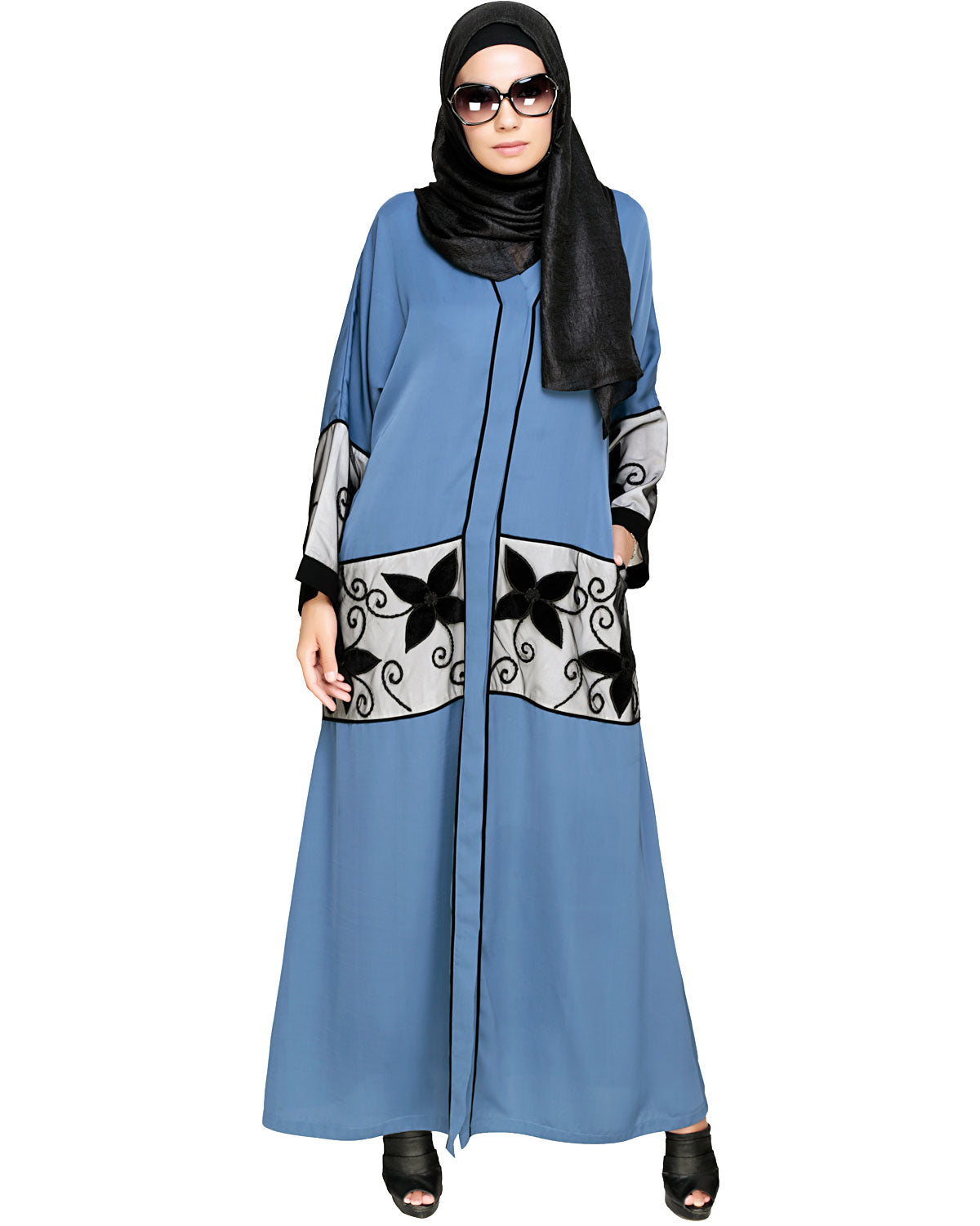 Floral Lace Embroidered Dubai Style Abaya Blue
