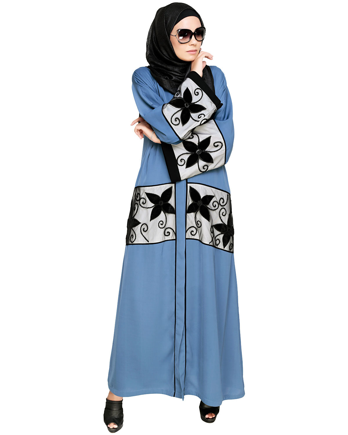Floral Lace Embroidered Dubai Style Abaya Blue