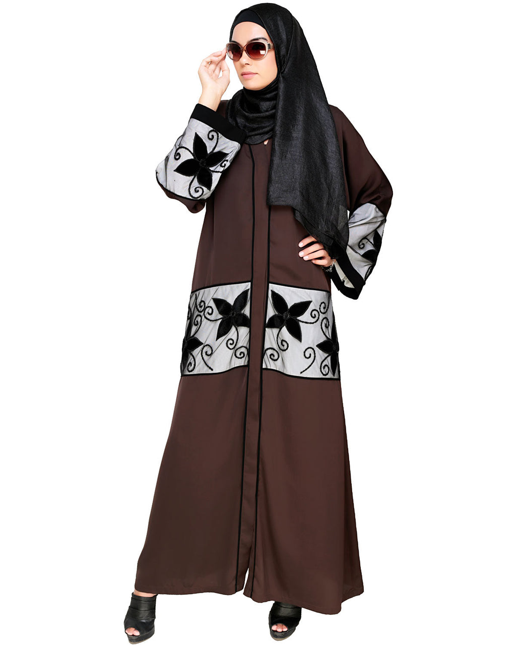Floral Lace Embroidered Dubai Style Abaya Dark Brown