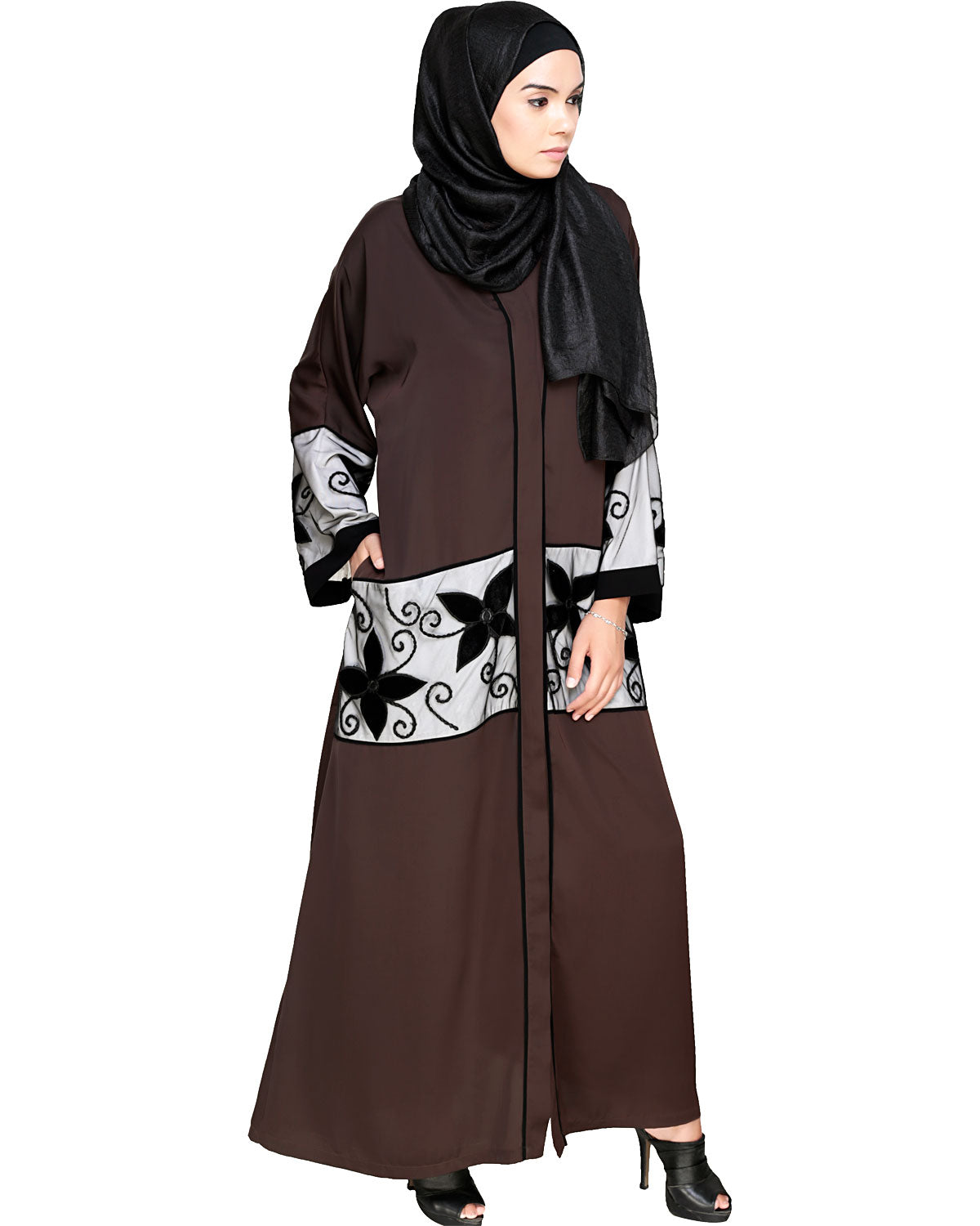 Floral Lace Embroidered Dubai Style Abaya Dark Brown