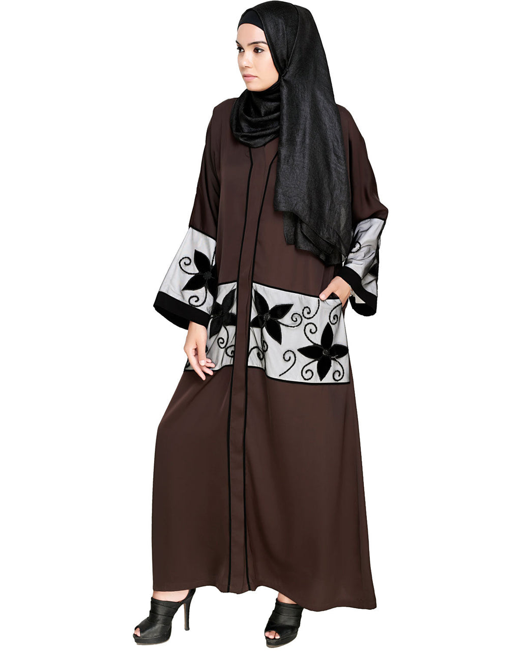Floral Lace Embroidered Dubai Style Abaya Dark Brown