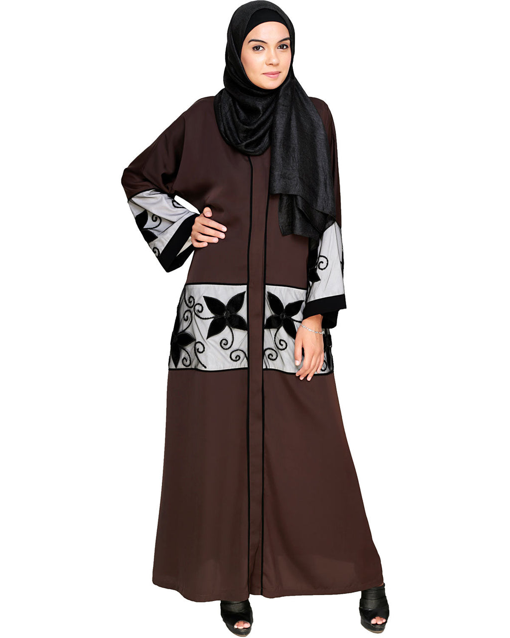 Floral Lace Embroidered Dubai Style Abaya Dark Brown