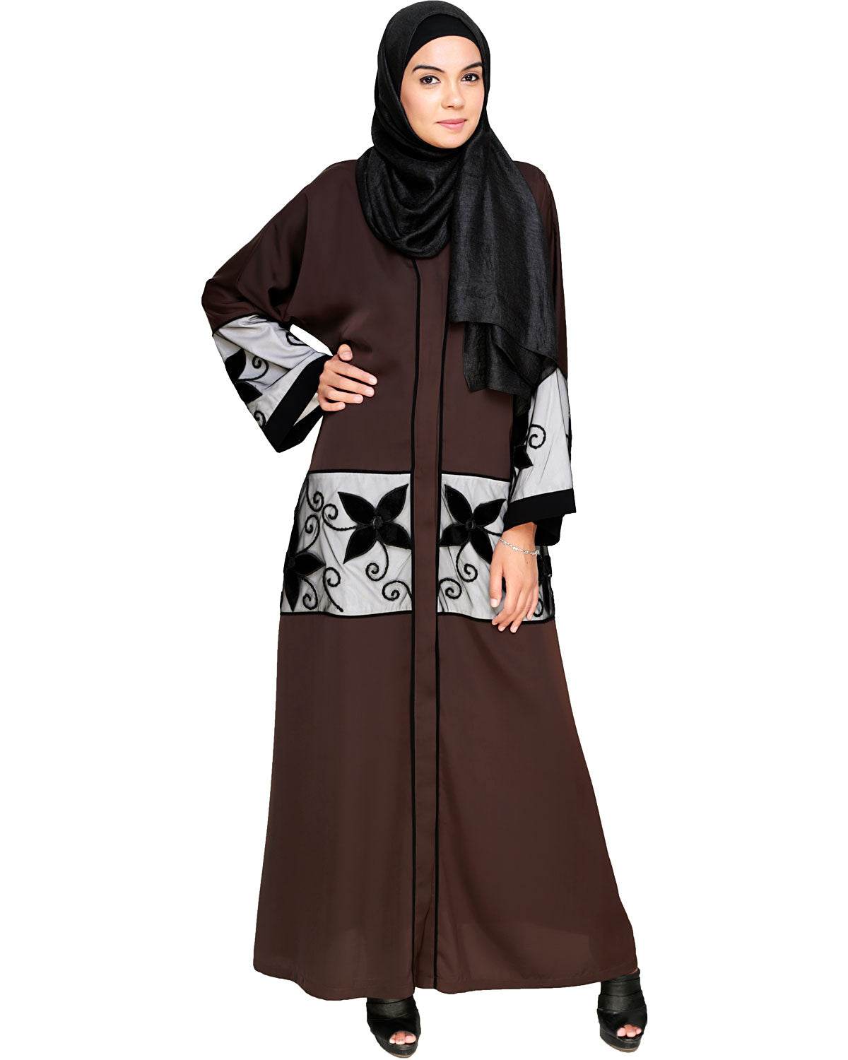 Floral Lace Embroidered Dubai Style Abaya Dark Brown