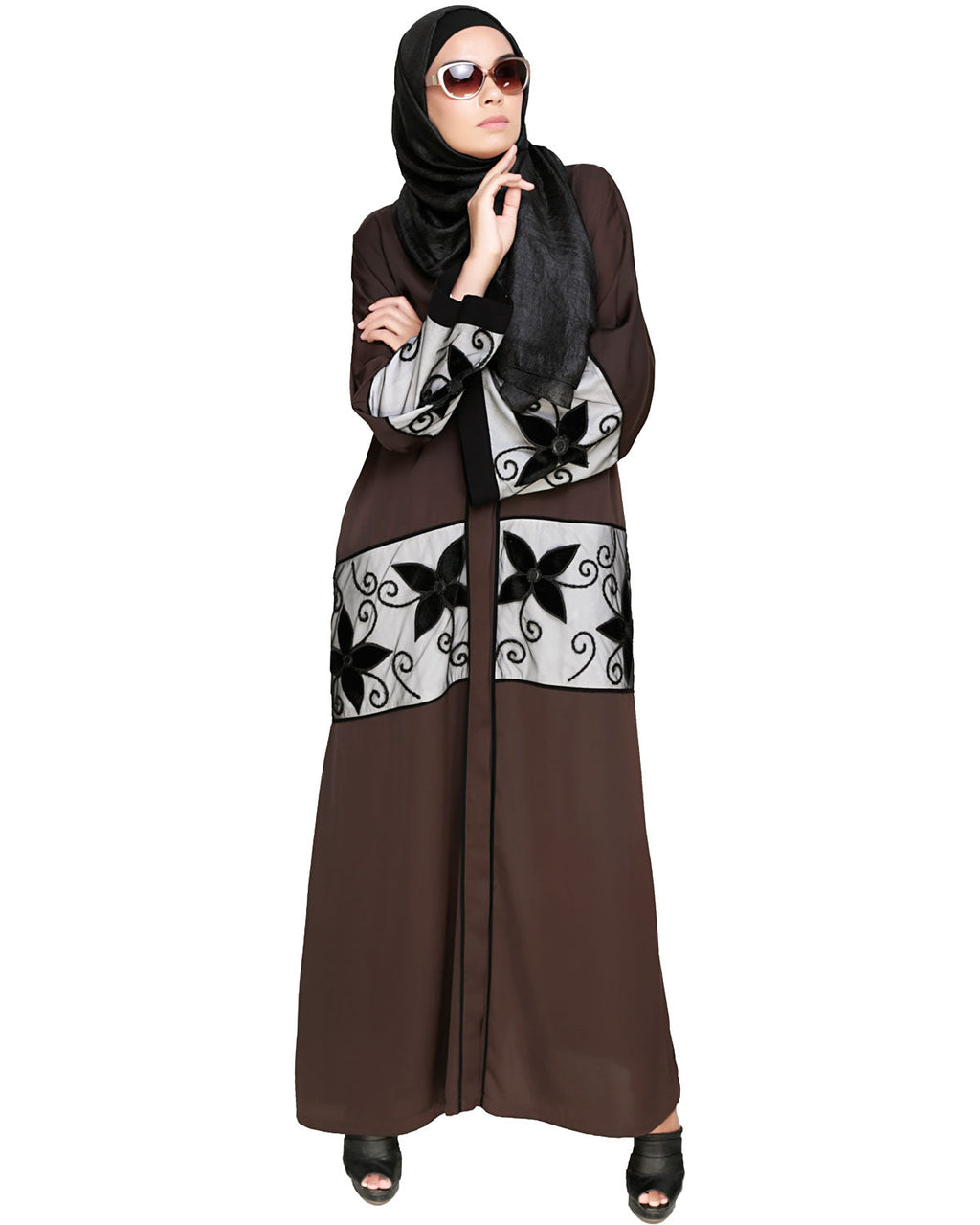Floral Lace Embroidered Dubai Style Abaya Dark Brown