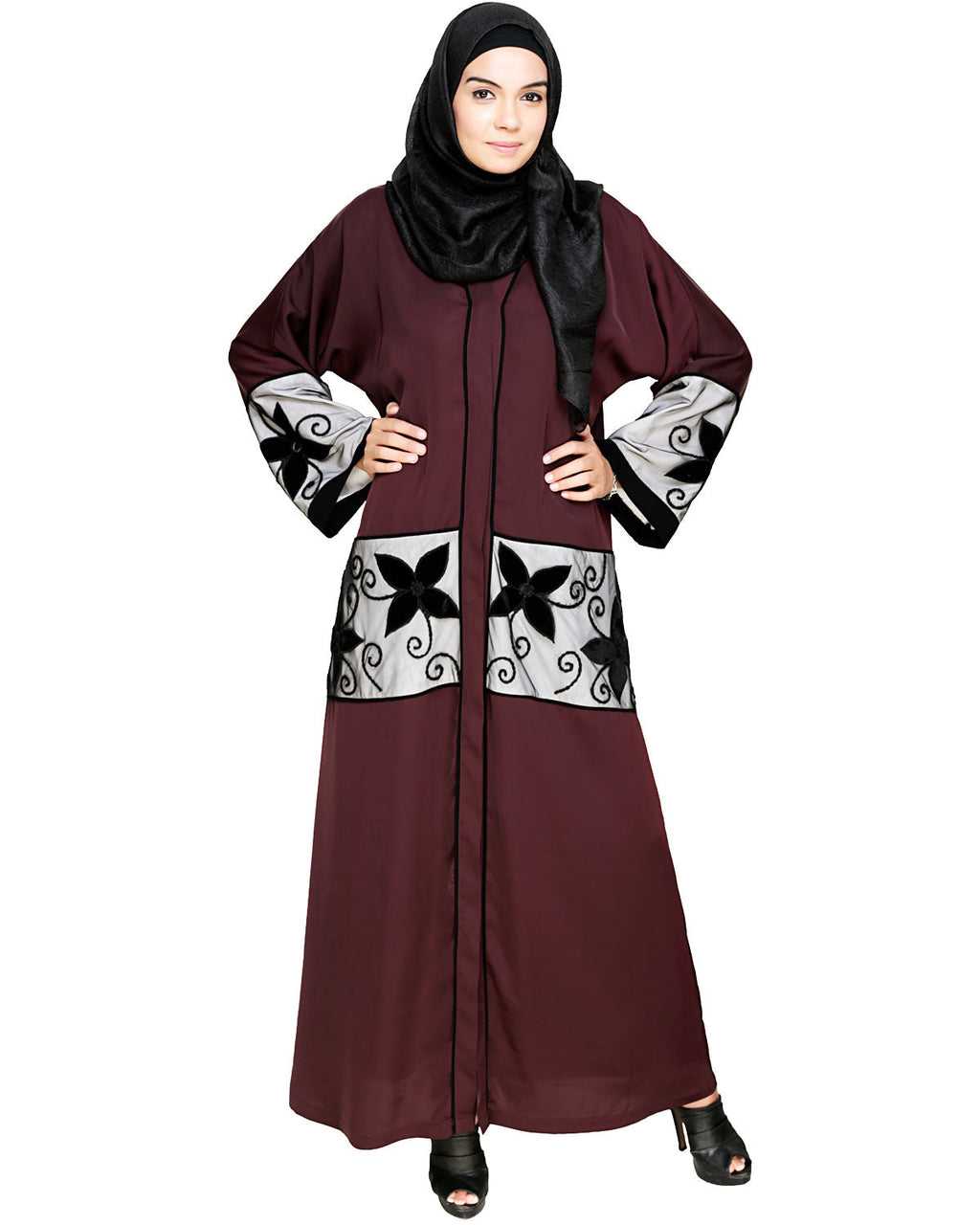 Floral Lace Embroidered Dubai Style Abaya Deep Wine