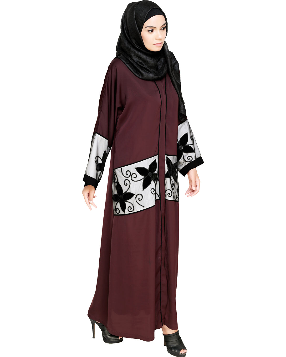 Floral Lace Embroidered Dubai Style Abaya Deep Wine