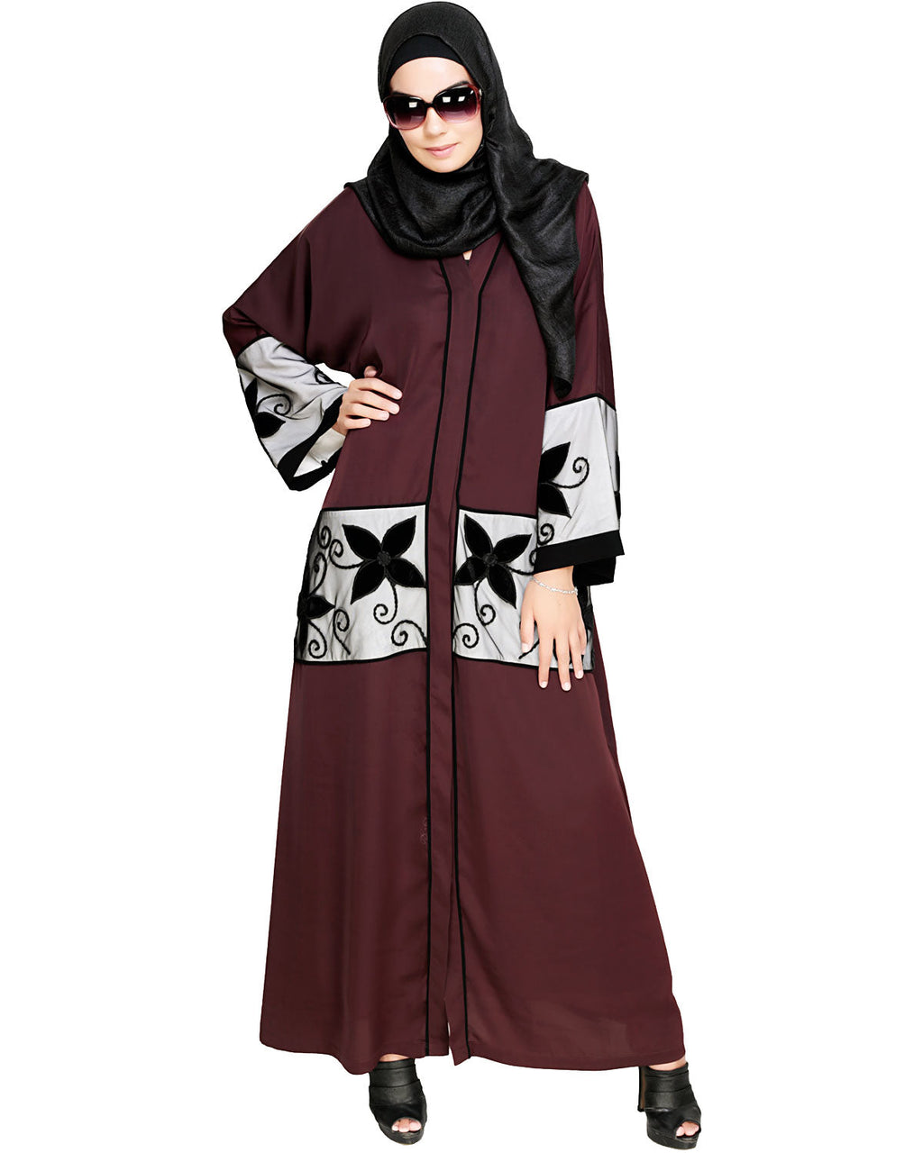 Floral Lace Embroidered Dubai Style Abaya Deep Wine