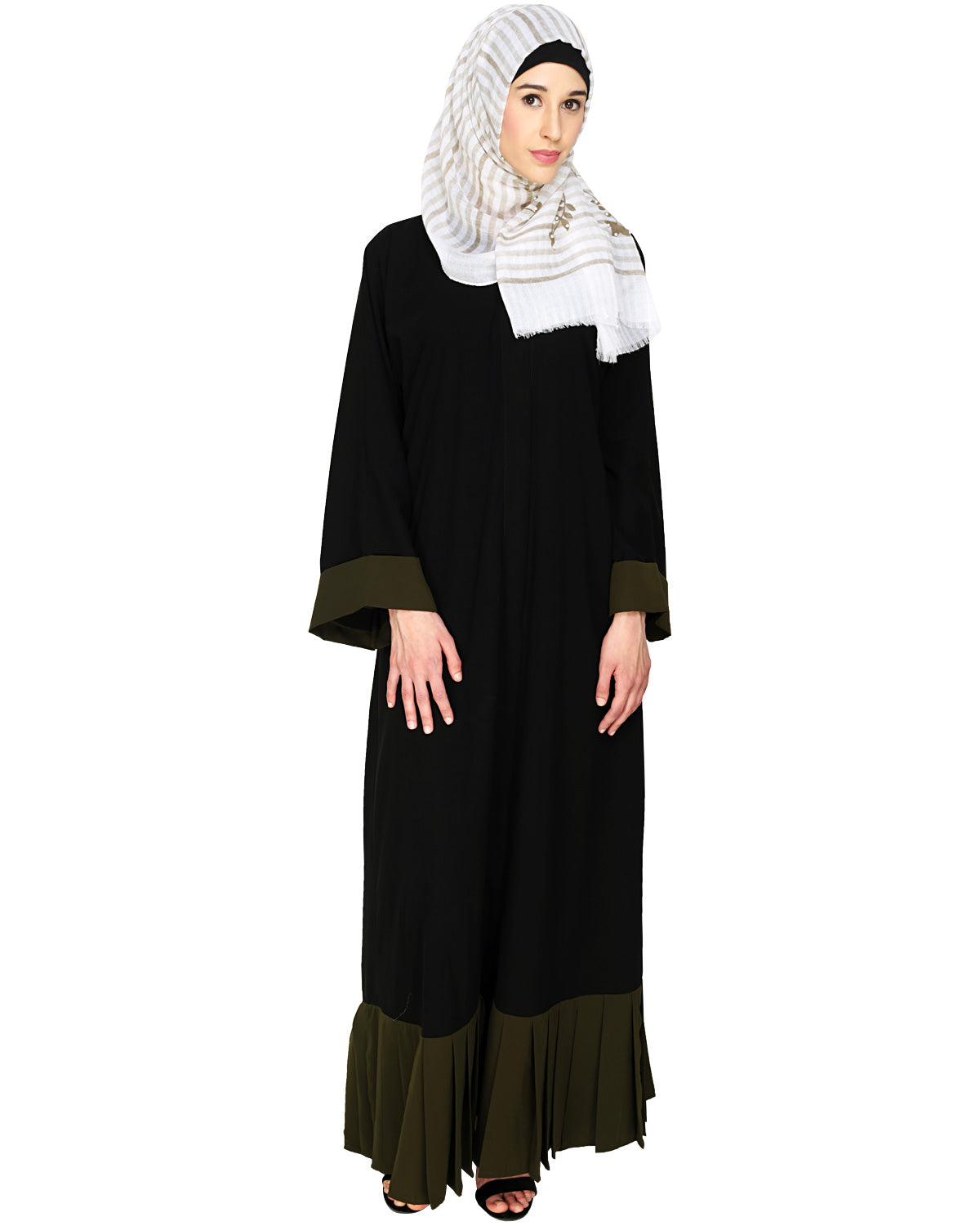 Pleated Bliss Dubai Style Abaya Olive Black