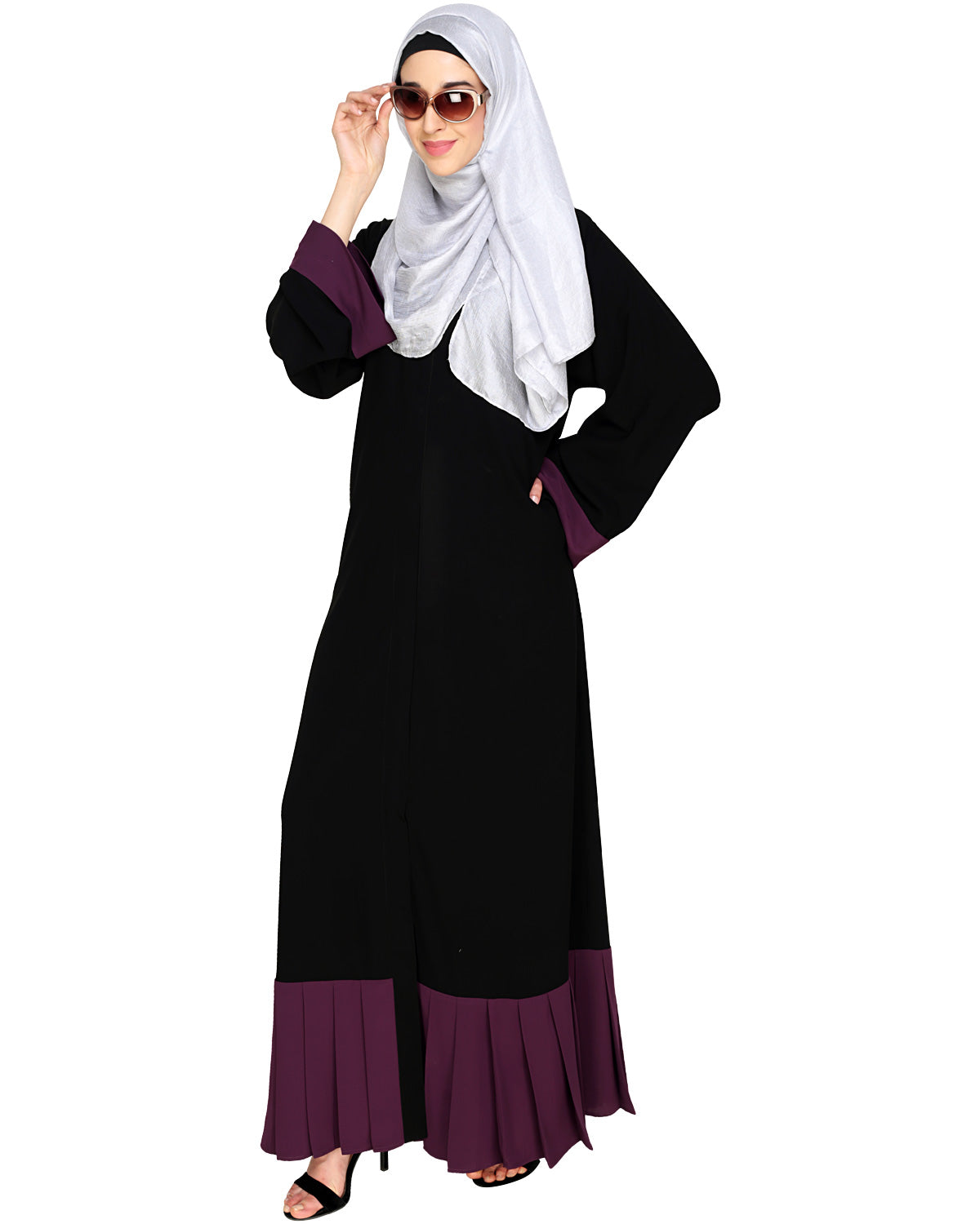 Pleated Bliss Dubai Style Abaya Purple & Black