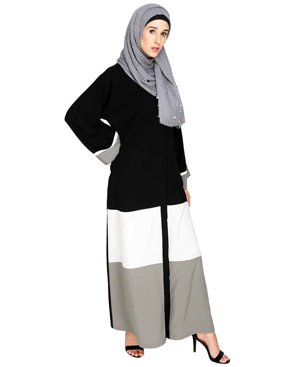 Triple Color Block White Dubai Style Abaya Grey & Black