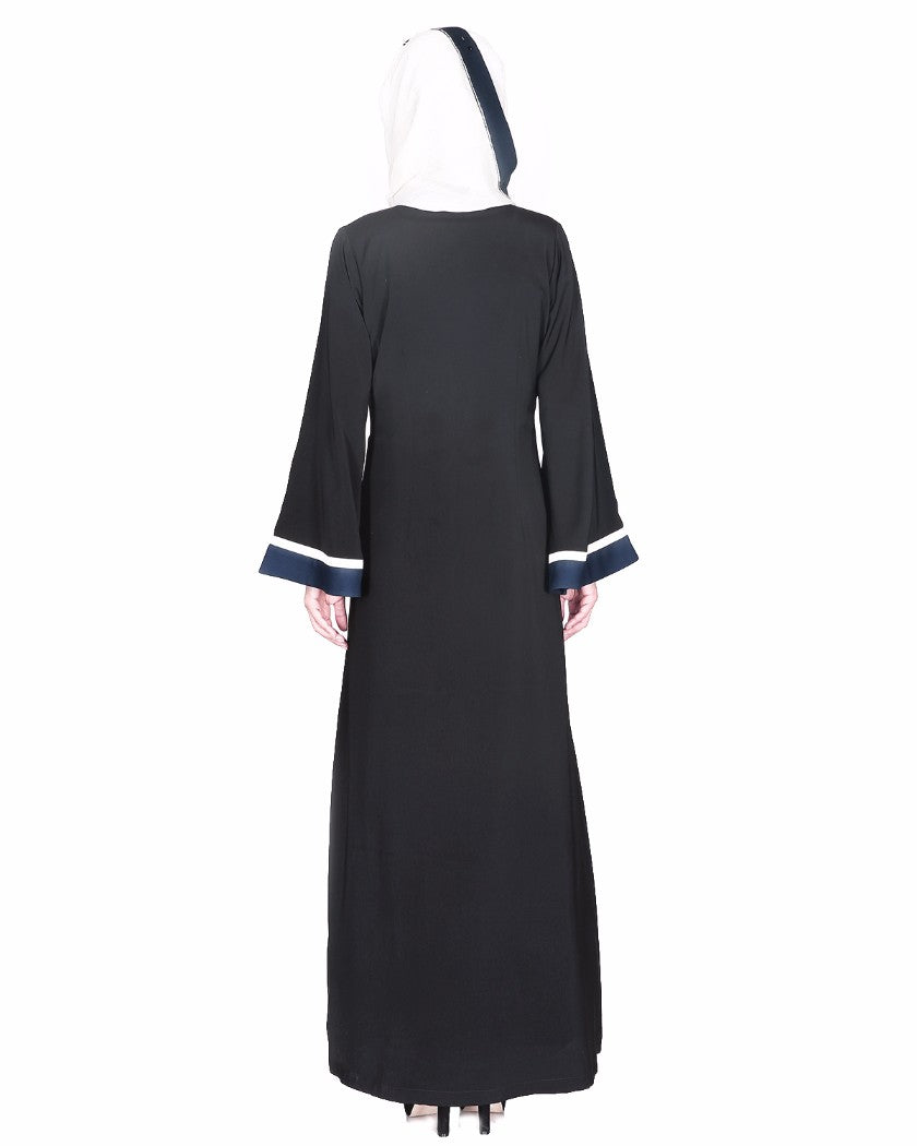 Triple Color Block White Dubai Style Abaya Olive & Black