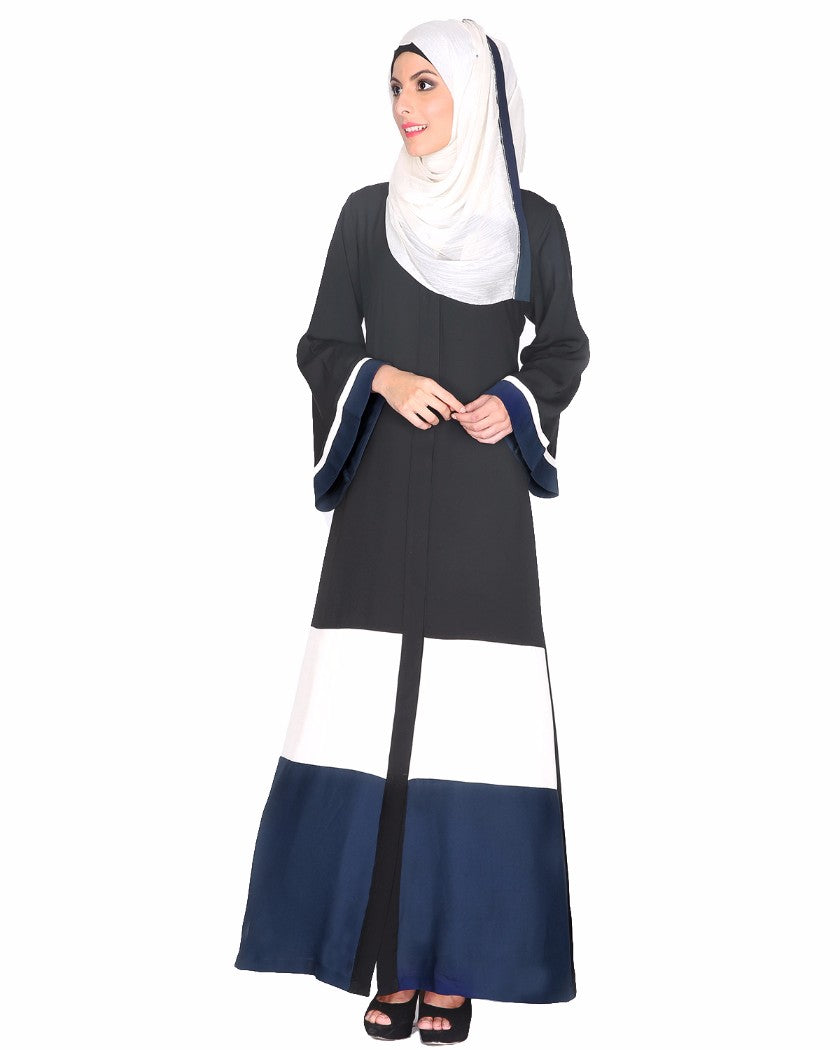 Triple Color Block White Dubai Style Abaya Olive & Black