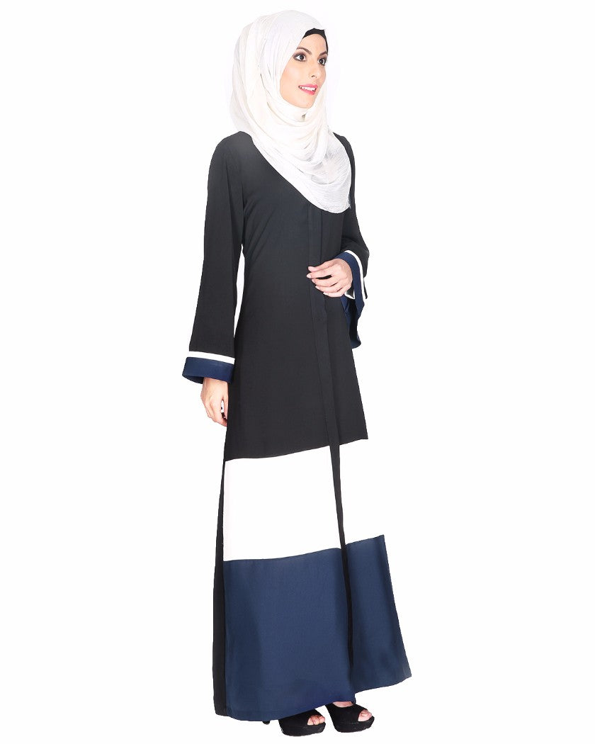 Triple Color Block White Dubai Style Abaya Olive & Black
