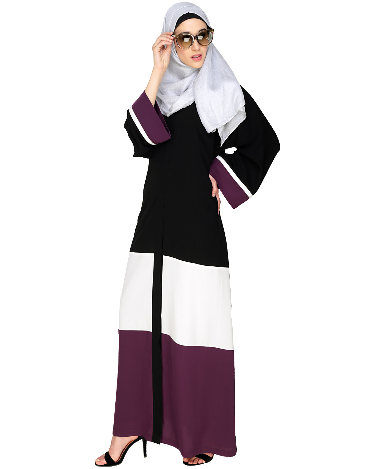 Triple Color Block White Dubai Style Abaya Purple & Black