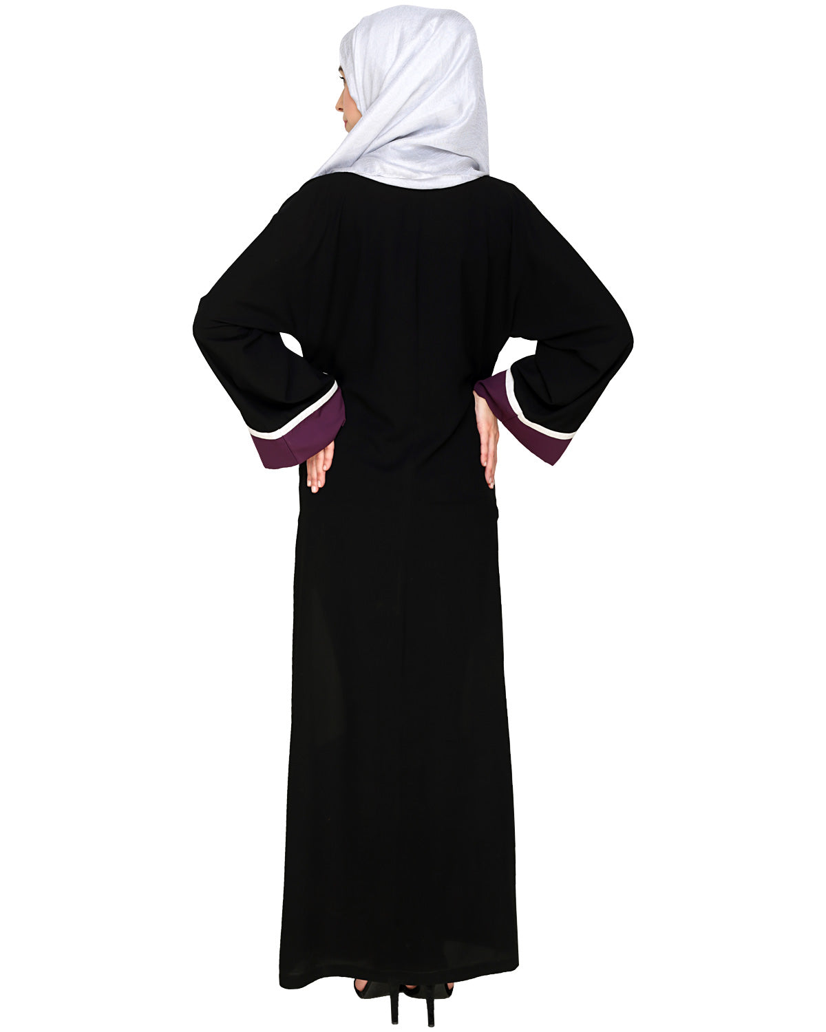 Triple Color Block White Dubai Style Abaya Purple & Black