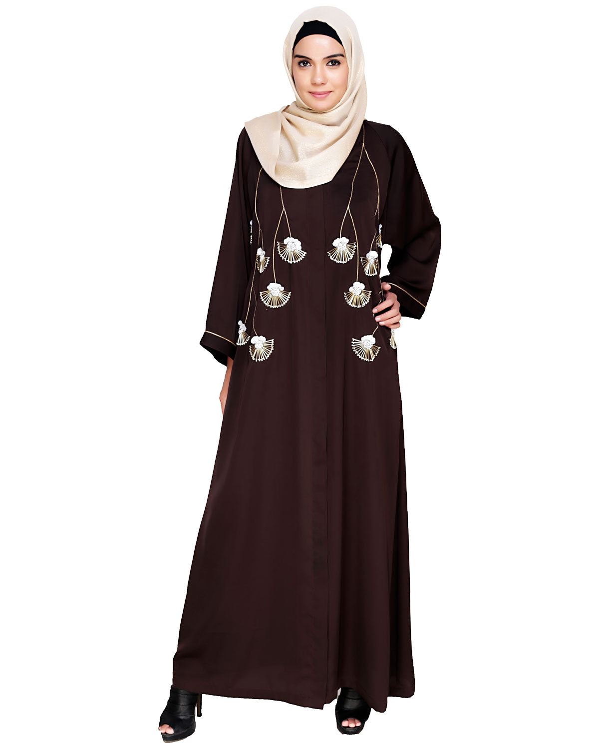 Hanging Tulip Embroidered Dubai Style Abaya Brown
