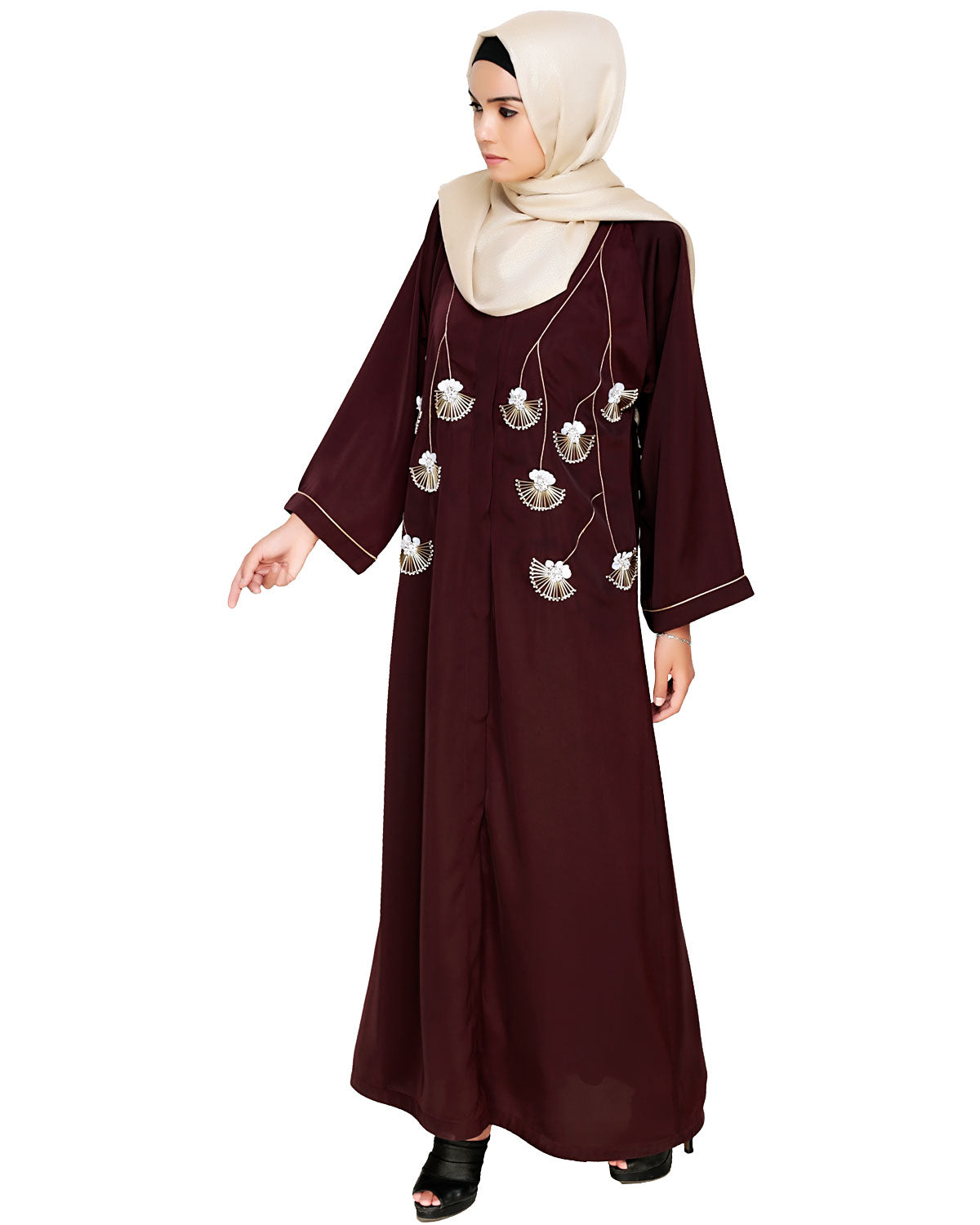 Hanging Tulip Embroidered Dubai Style Abaya Brown