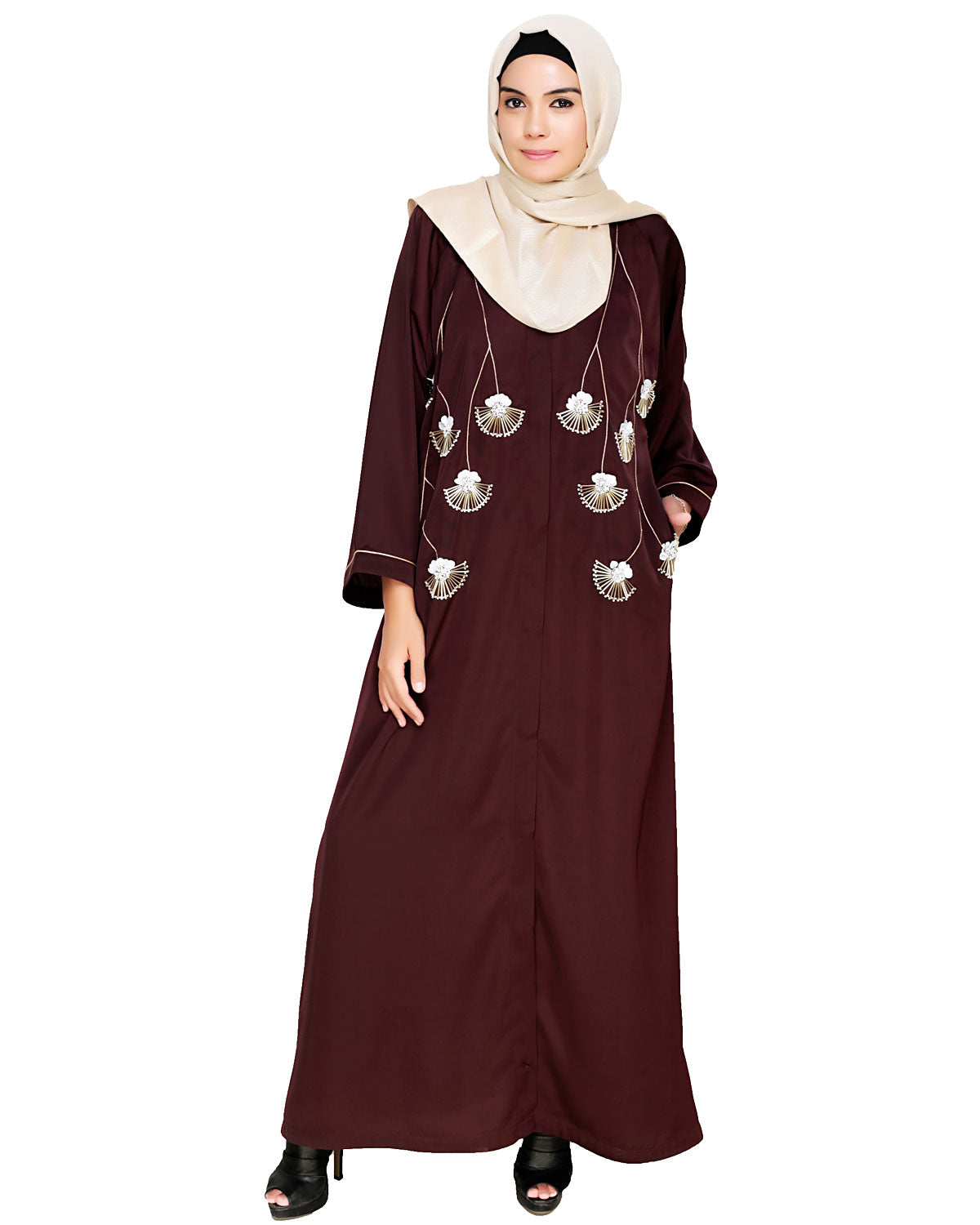 Hanging Tulip Embroidered Dubai Style Abaya Brown