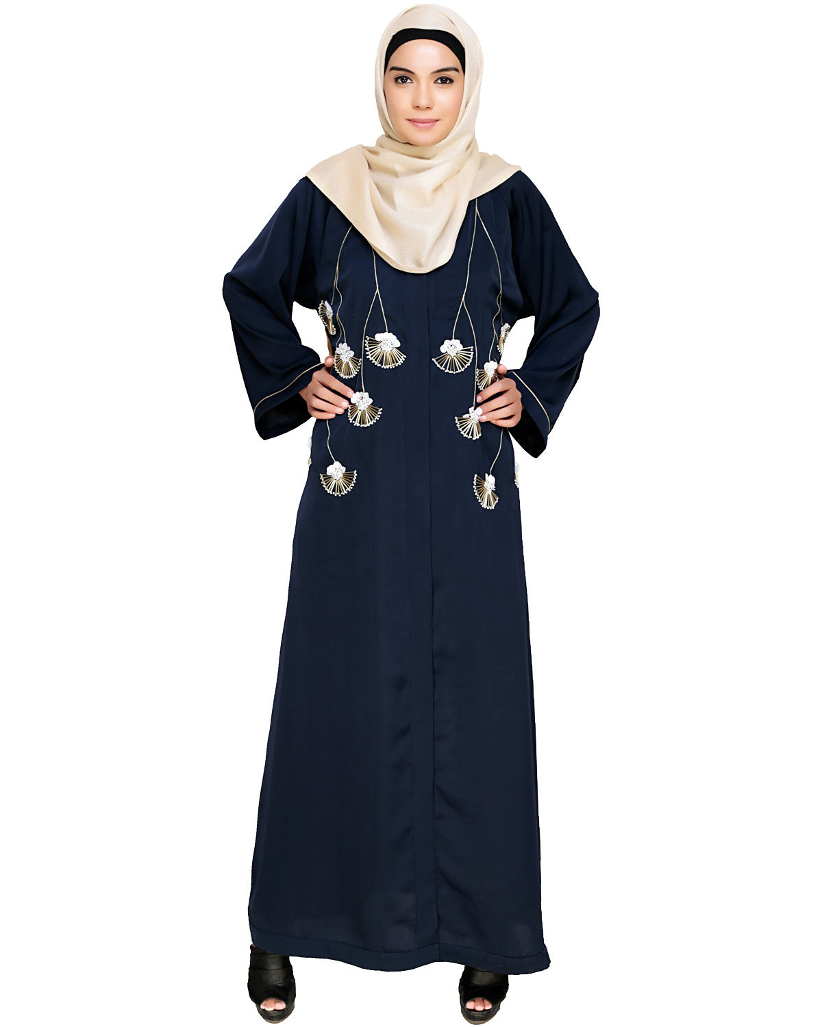 Hanging Tulip Embroidered Dubai Style Abaya Dark Blue