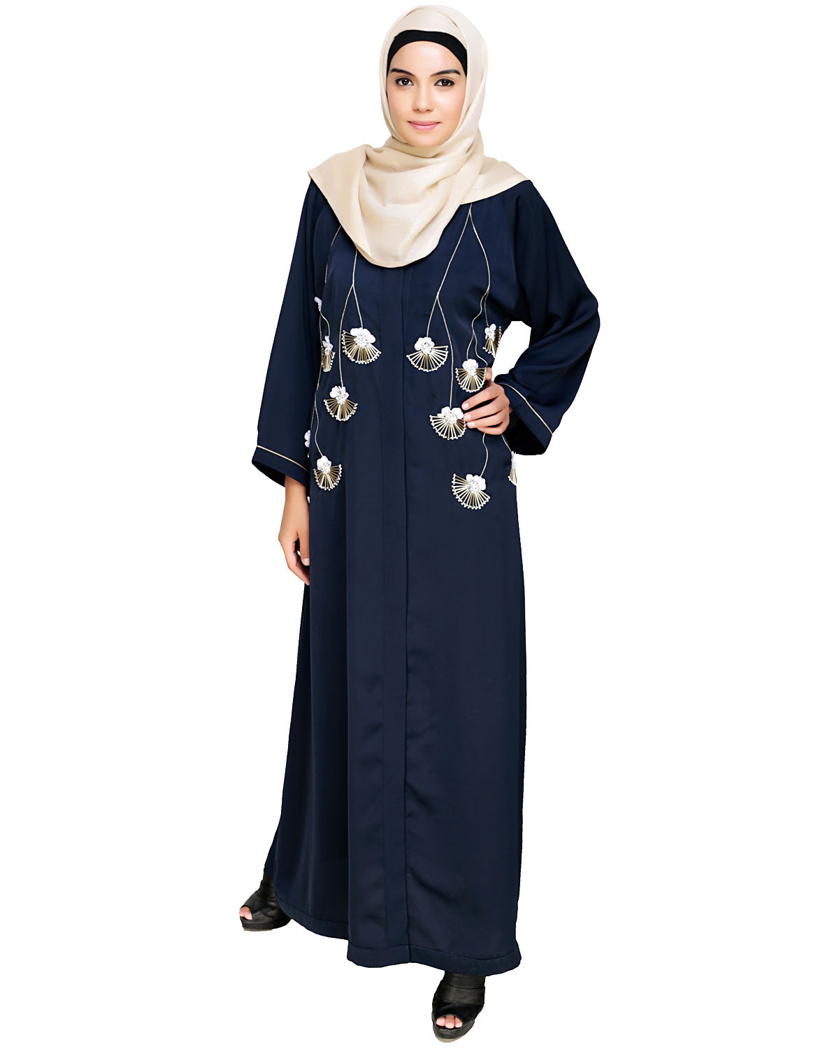 Hanging Tulip Embroidered Dubai Style Abaya Oak Brown