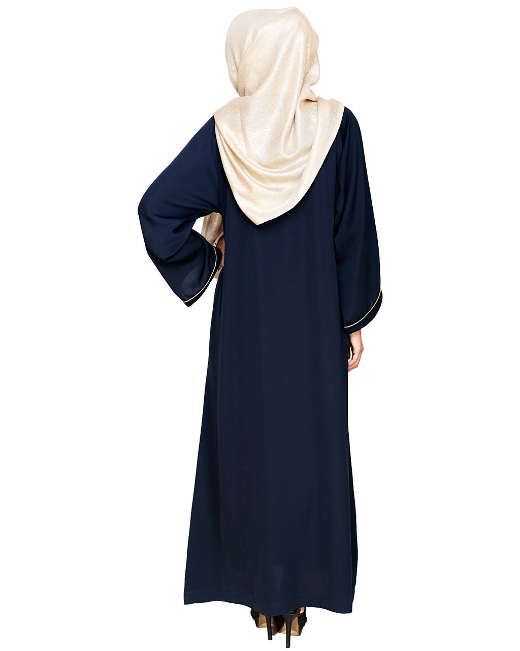 Hanging Tulip Embroidered Dubai Style Abaya Dark Blue