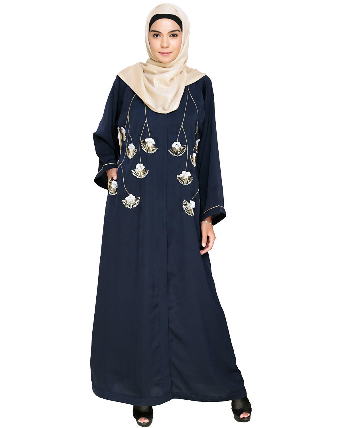 Hanging Tulip Embroidered Dubai Style Abaya Dark Blue