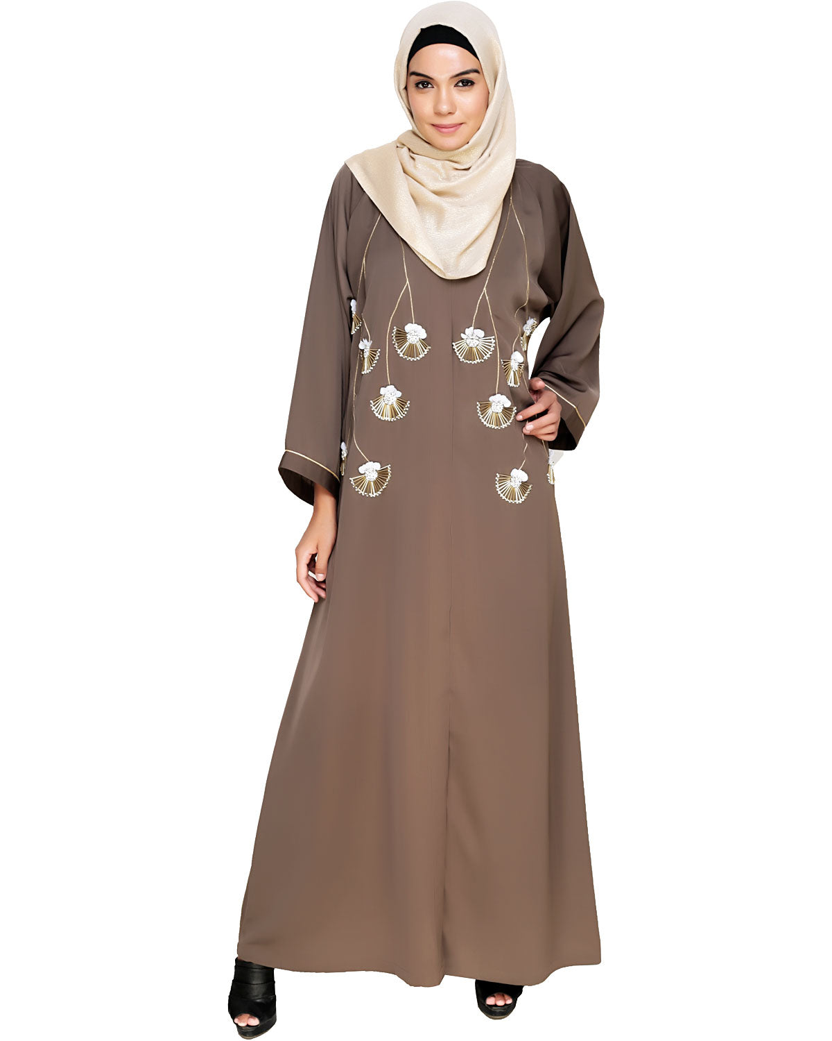 Hanging Tulip Embroidered Dubai Style Abaya Oak Brown