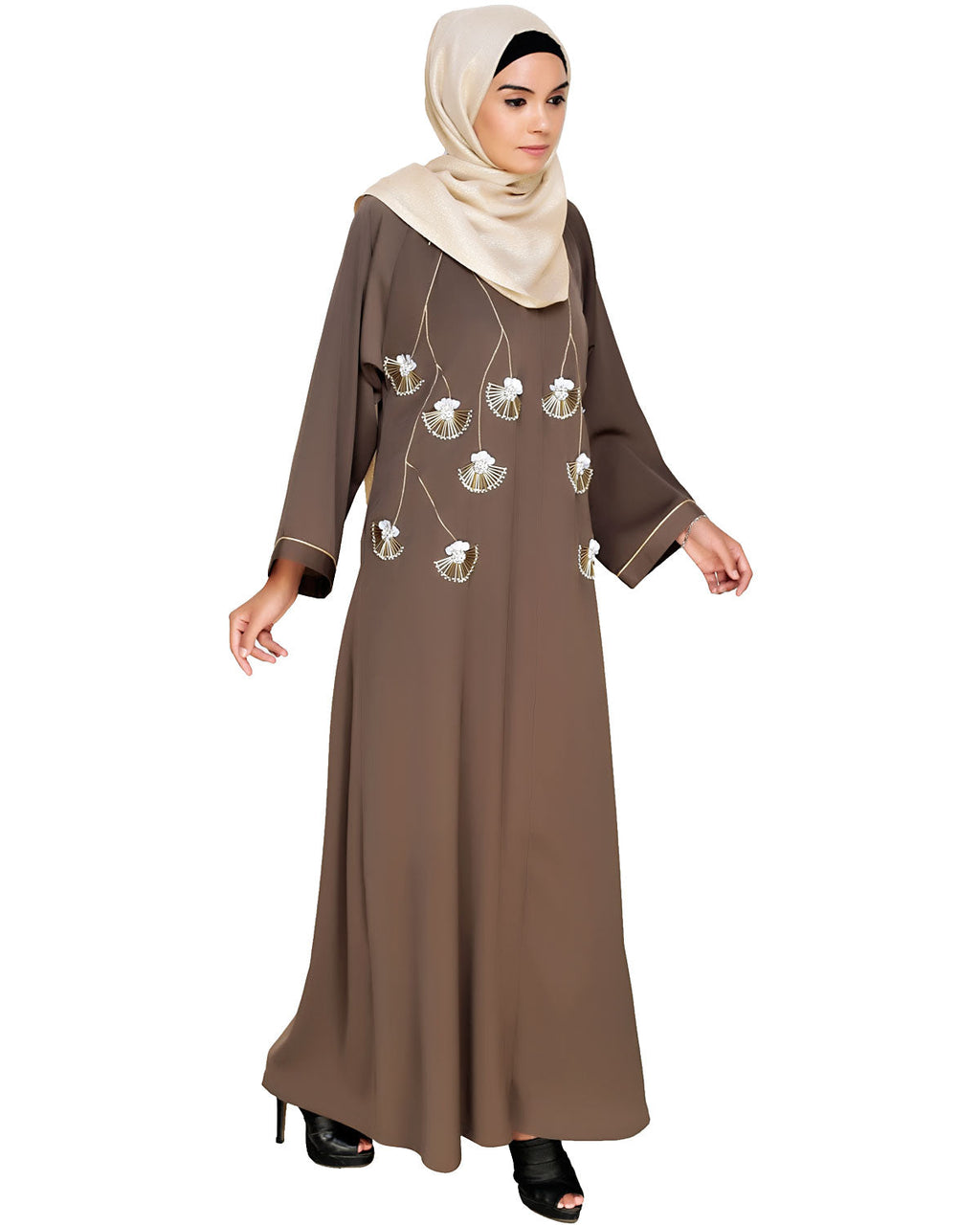 Hanging Tulip Embroidered Dubai Style Abaya Oak Brown