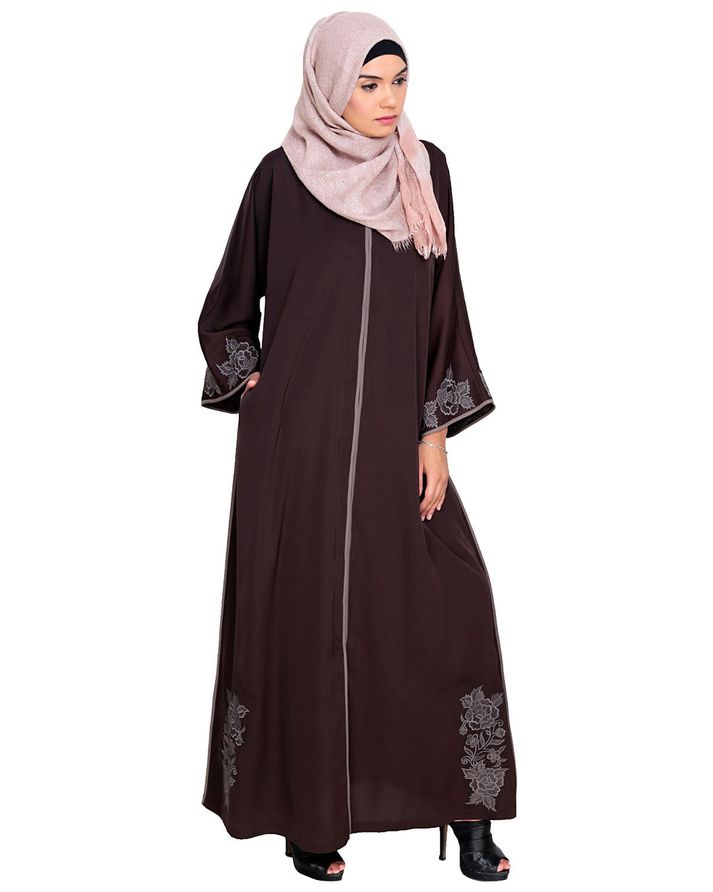 Bewitching Floral Dubai Style Embroidered Abaya Brown