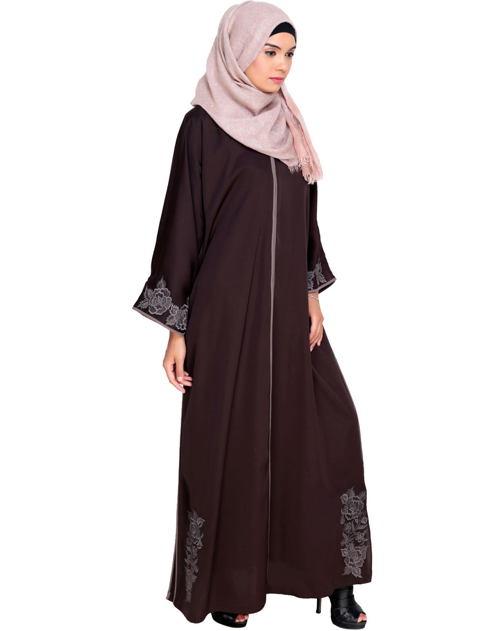 Bewitching Floral Dubai Style Embroidered Abaya Brown