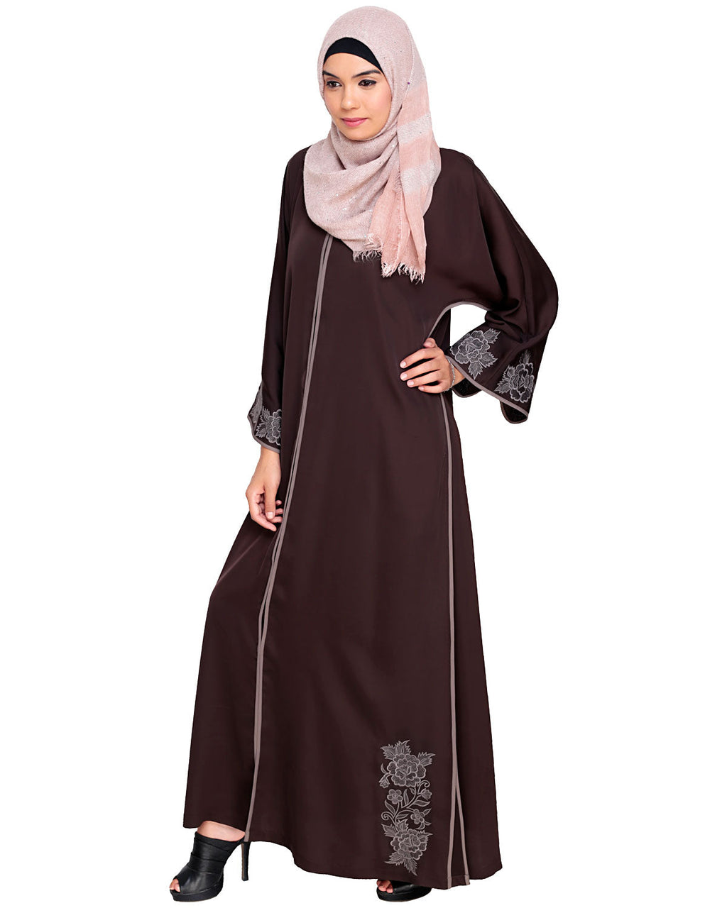 Bewitching Floral Dubai Style Embroidered Abaya Brown