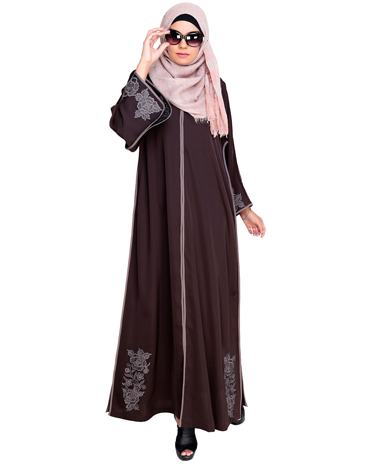 Bewitching Floral Dubai Style Embroidered Abaya Brown