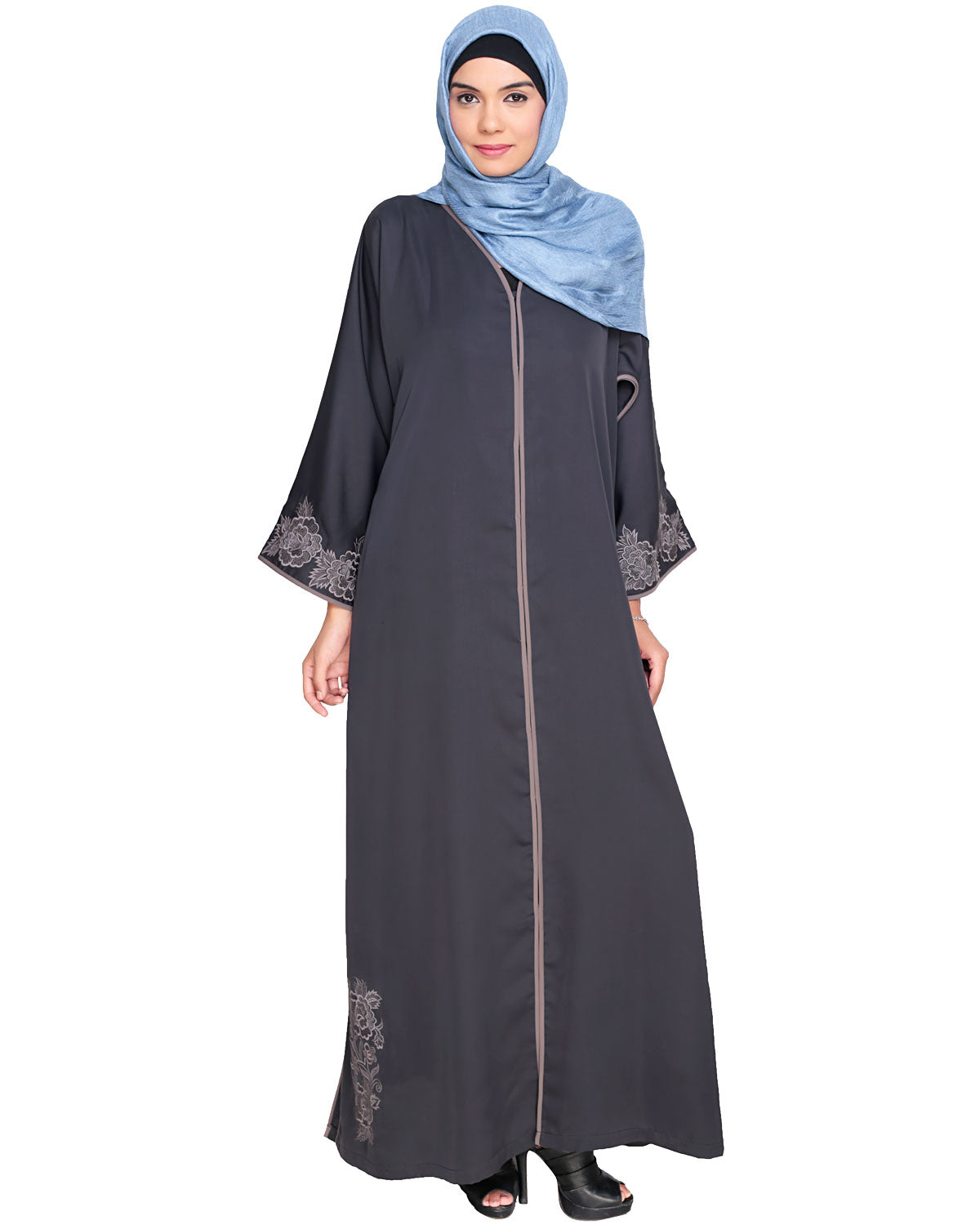 Bewitching Floral Dubai Style Embroidered Abaya Grey
