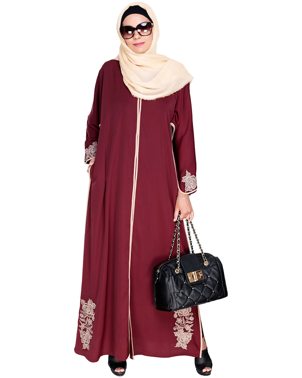 Bewitching Floral Dubai Style Embroidered Abaya Maroon