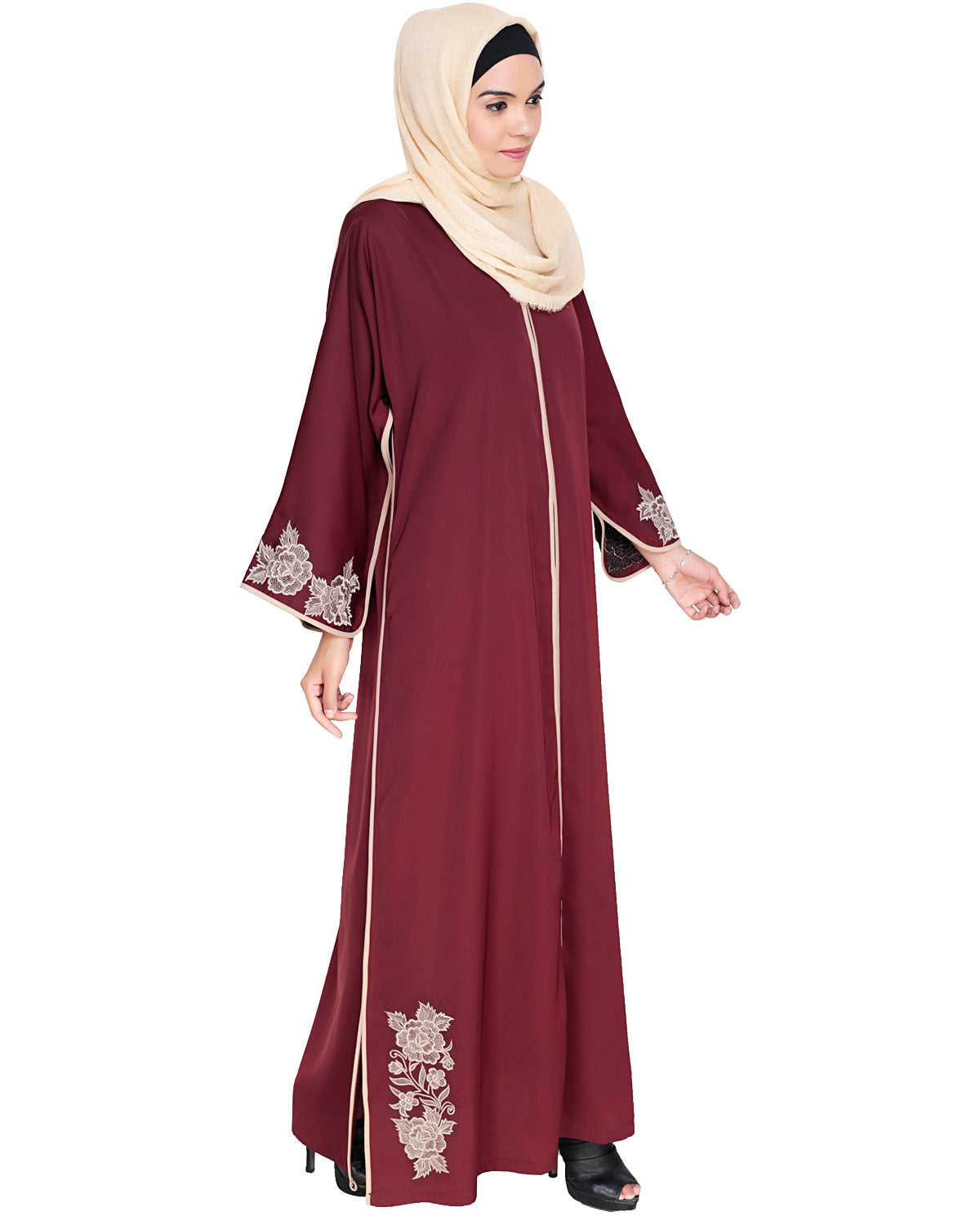 Bewitching Floral Dubai Style Embroidered Abaya Maroon
