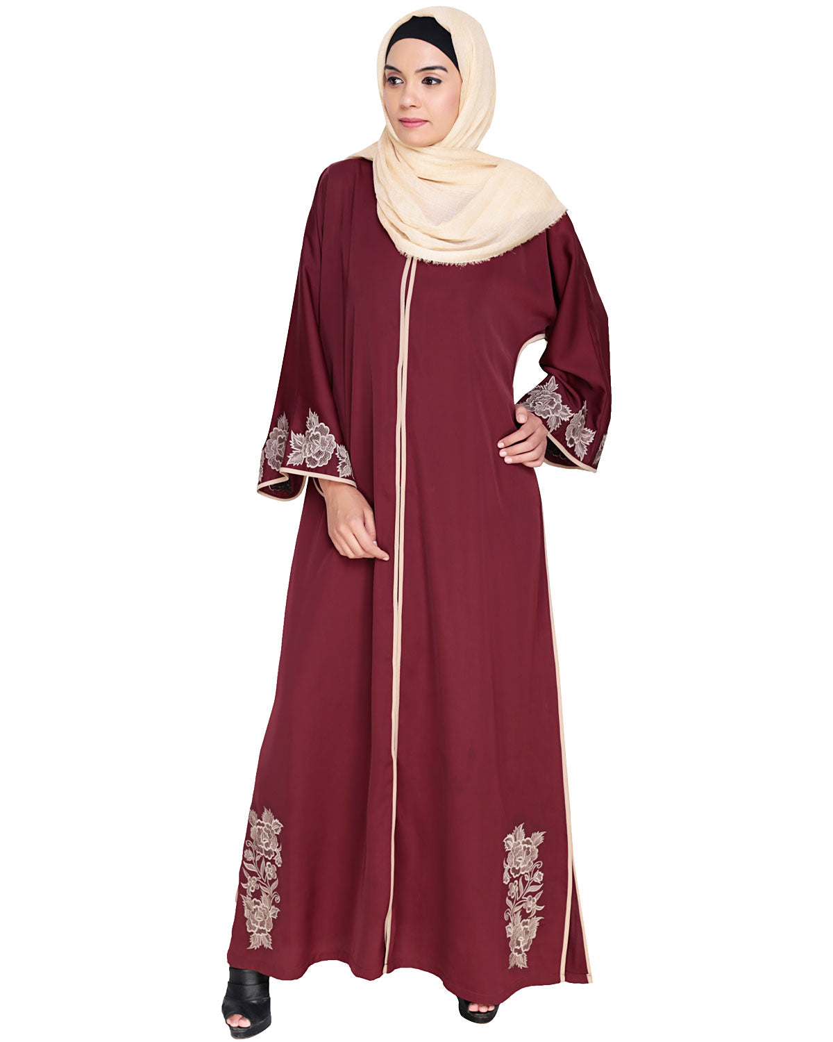 Bewitching Floral Dubai Style Embroidered Abaya Maroon