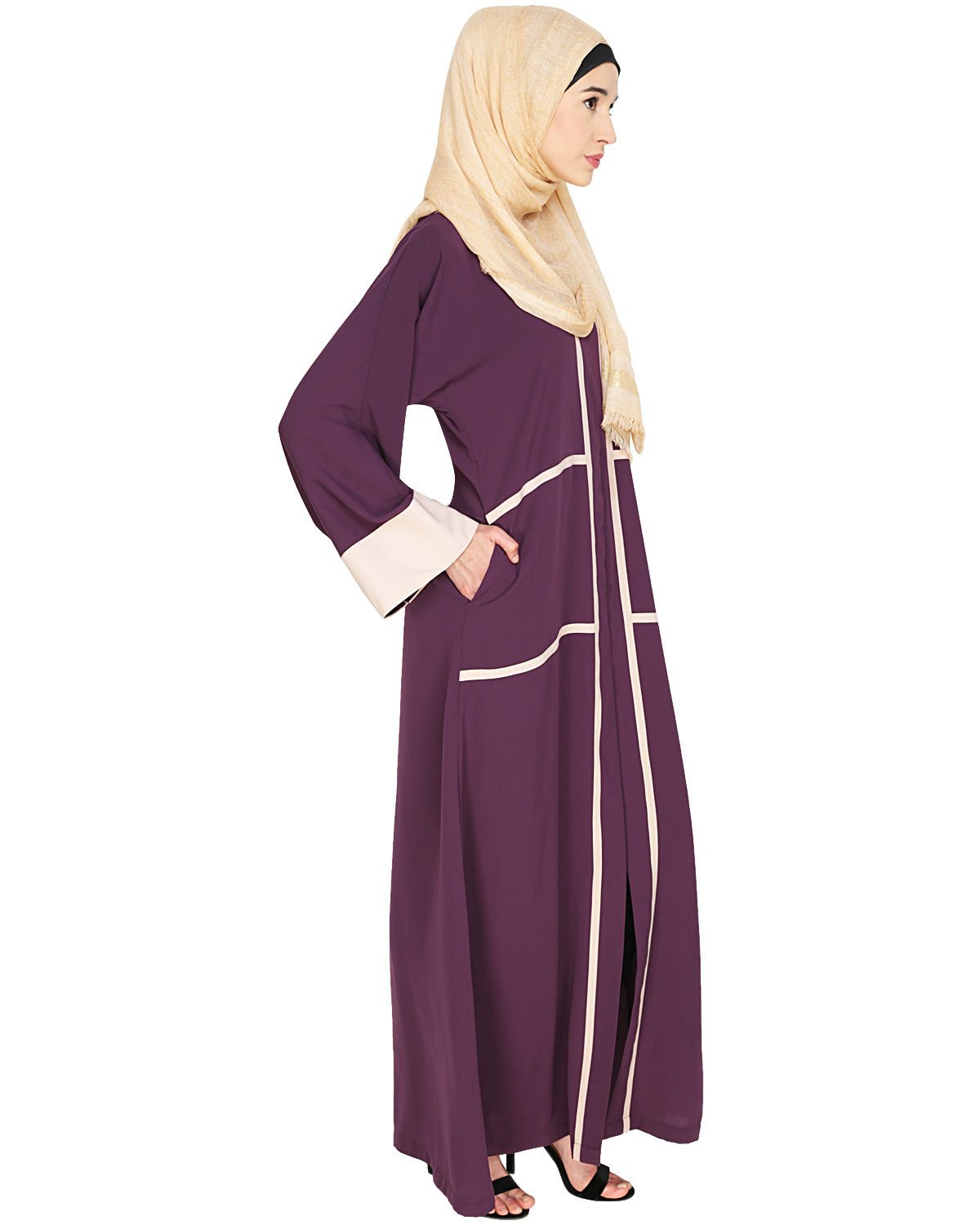 Elegant Black Dubai Style Abaya with Detailing Purple