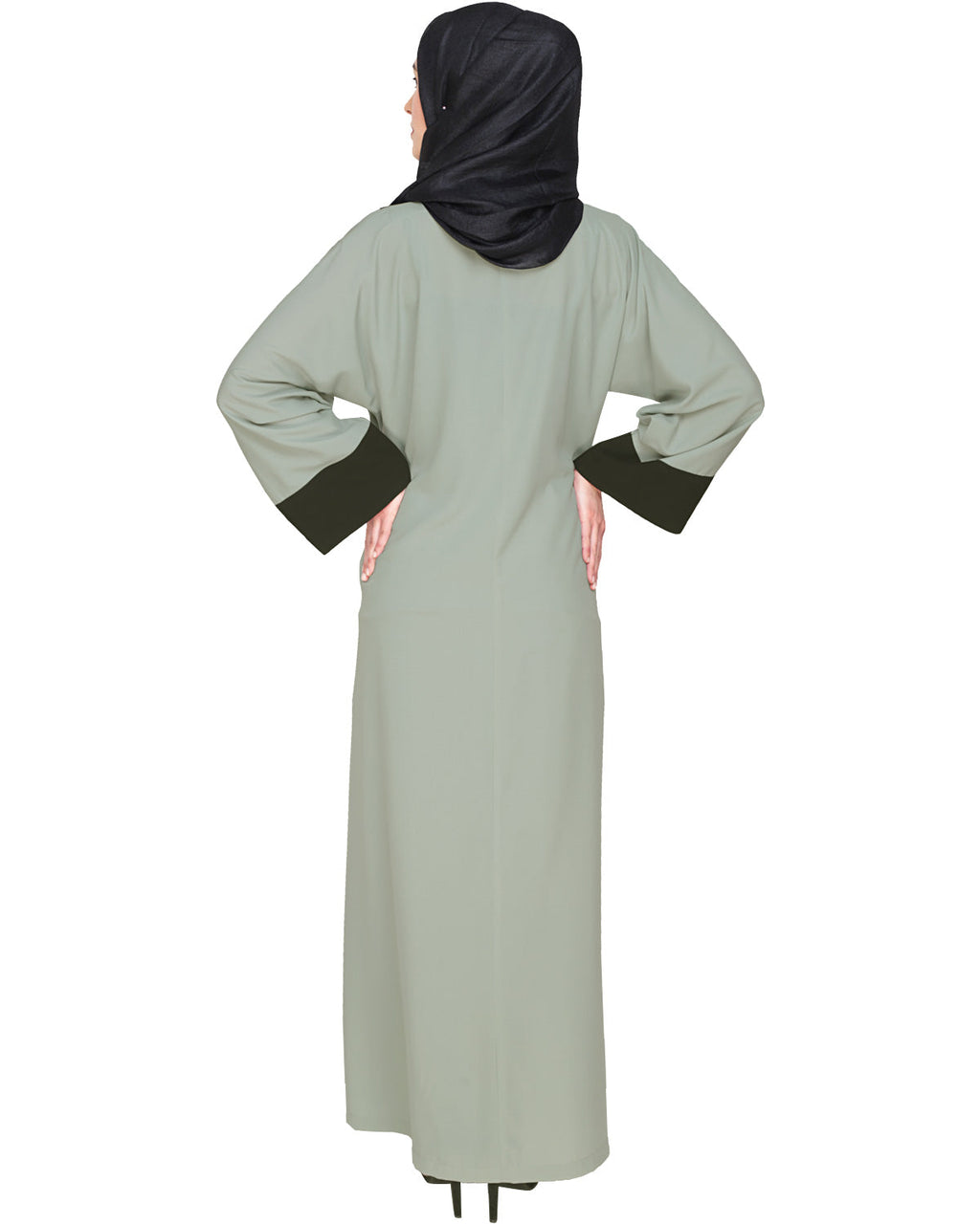 Elegant Black Dubai Style Abaya with Detailing Sage Green