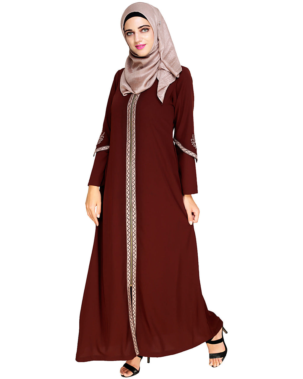 Bygone Front Zipper Abaya Brown