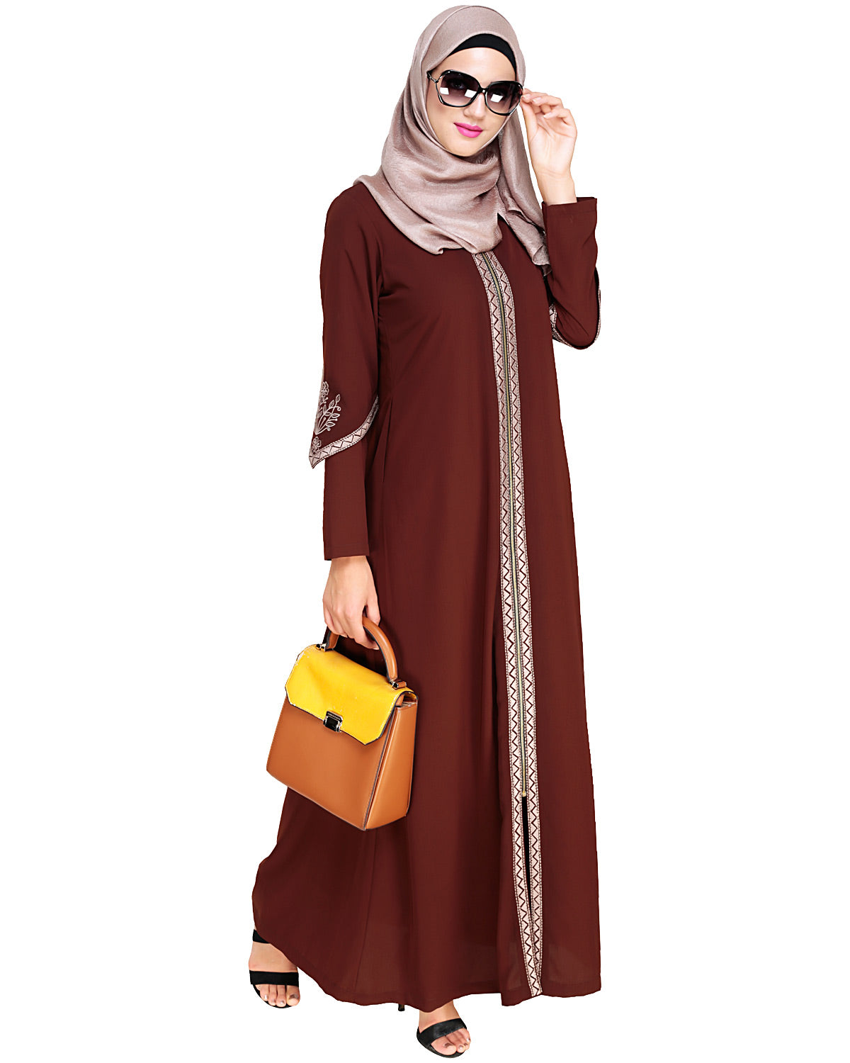 Bygone Front Zipper Abaya Brown