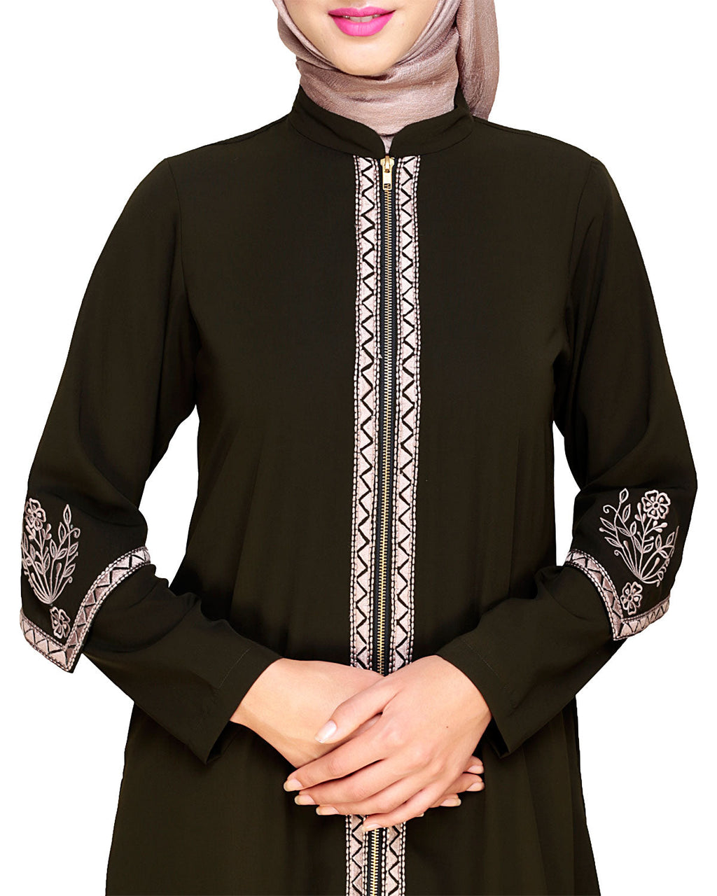 Bygone Front Zipper Abaya Olive