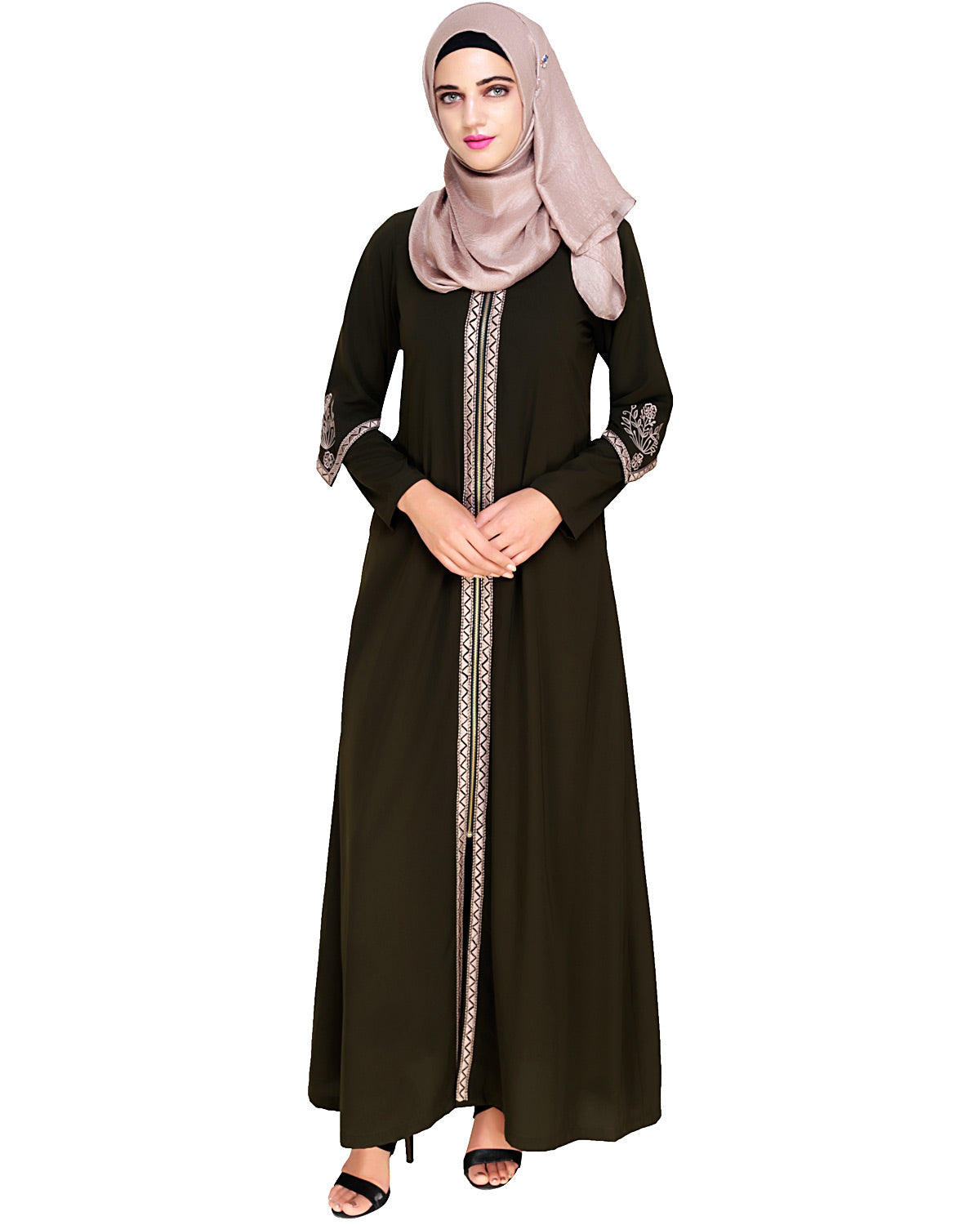 Bygone Front Zipper Abaya Olive