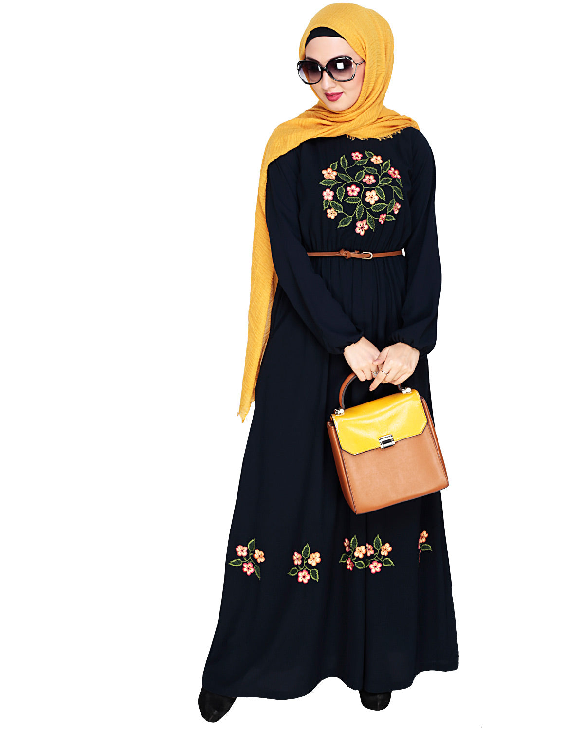 Plush Embroidered Maxi Dress Abaya Dark Blue