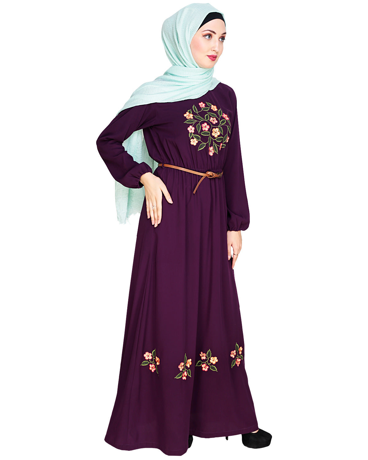 Plush Embroidered Maxi Dress Abaya Purple