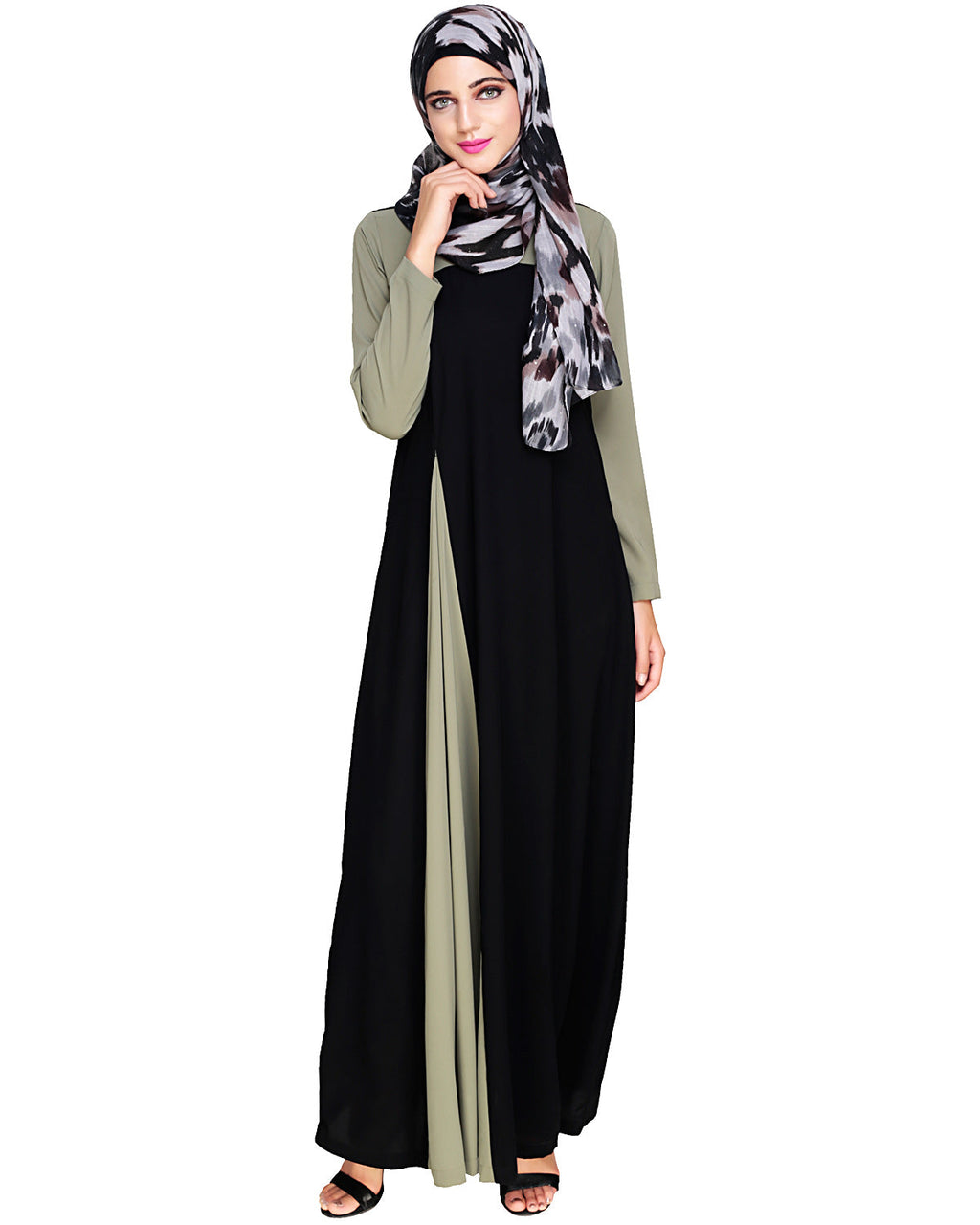 Accordion Side Pleated Abaya Olive Black