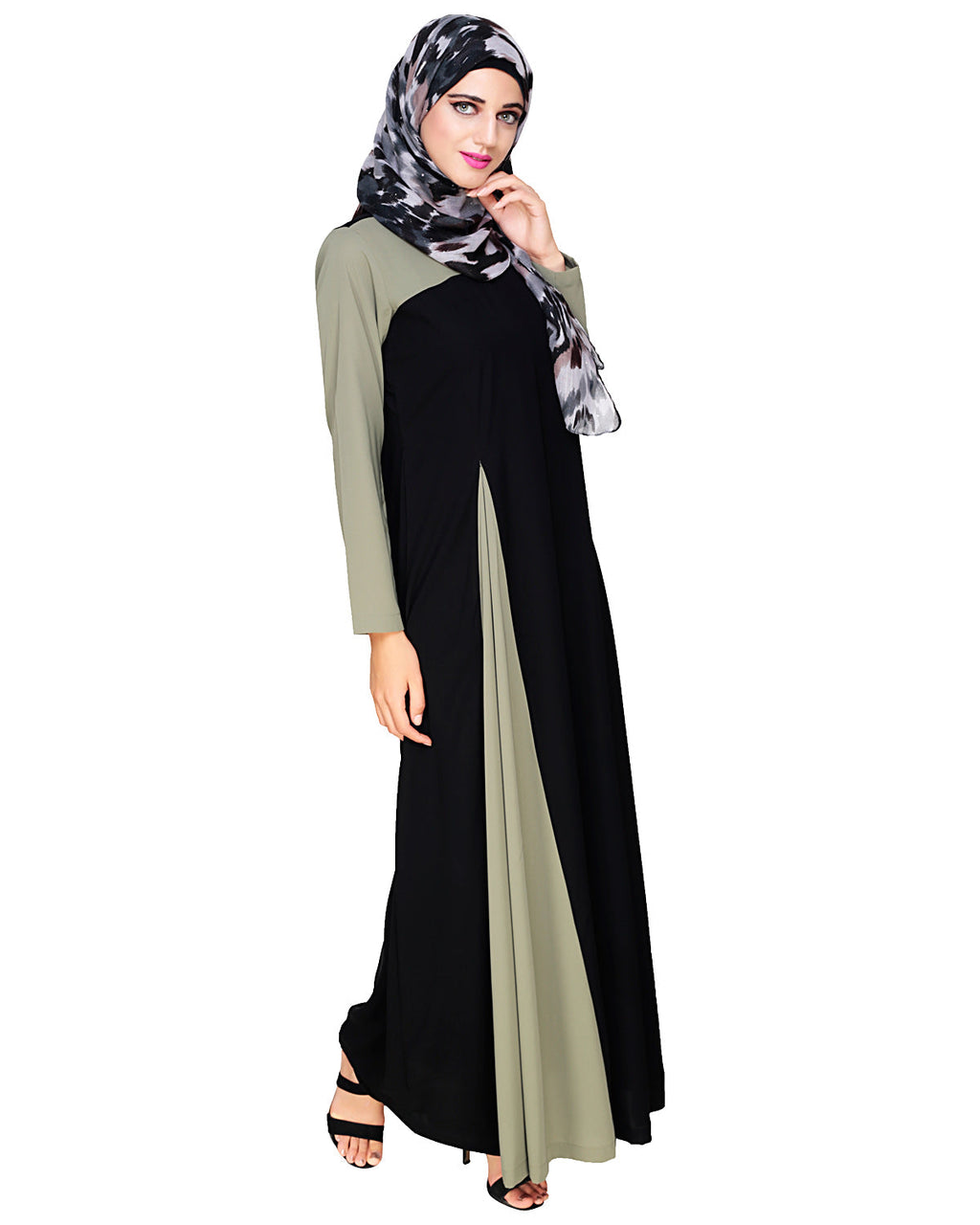 Accordion Side Pleated Abaya Olive Black