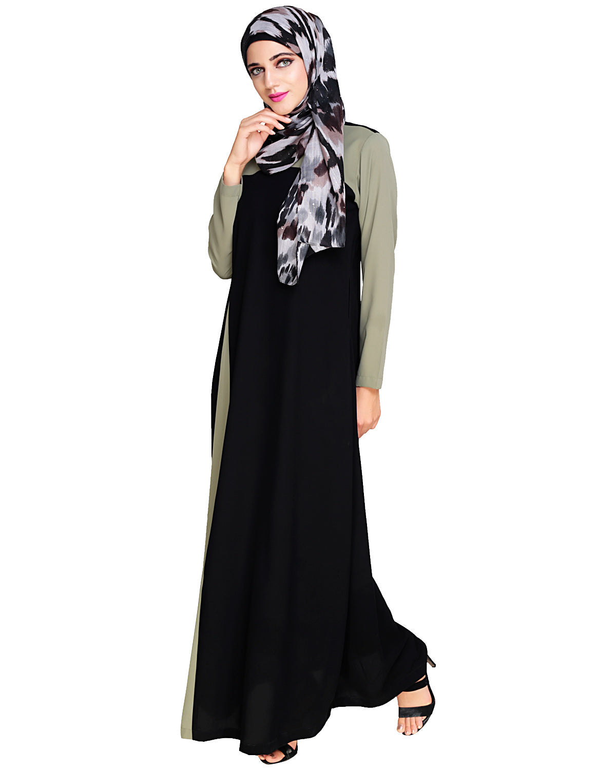 Accordion Side Pleated Abaya Olive Black