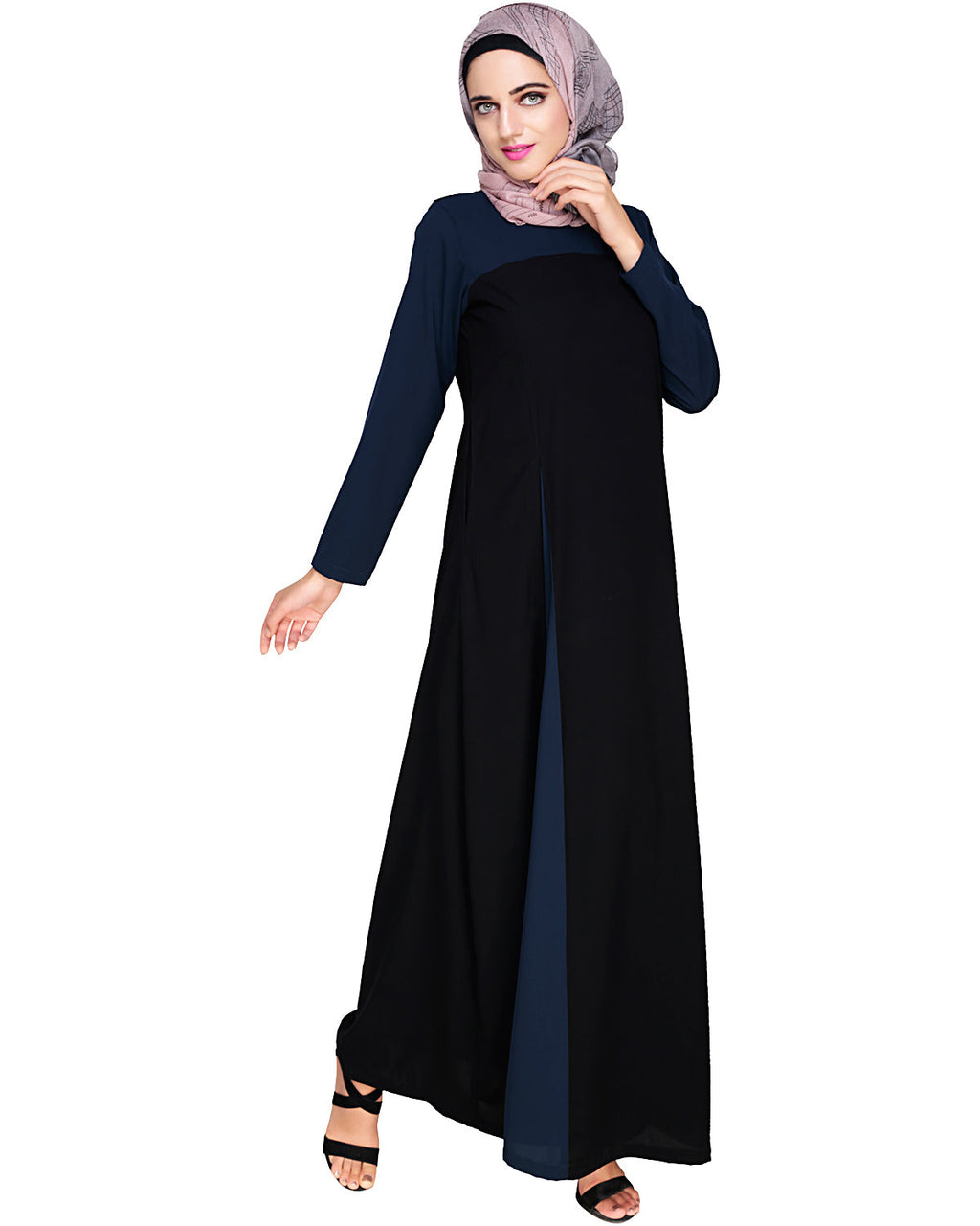 Accordion Side Pleated Abaya Navy Black